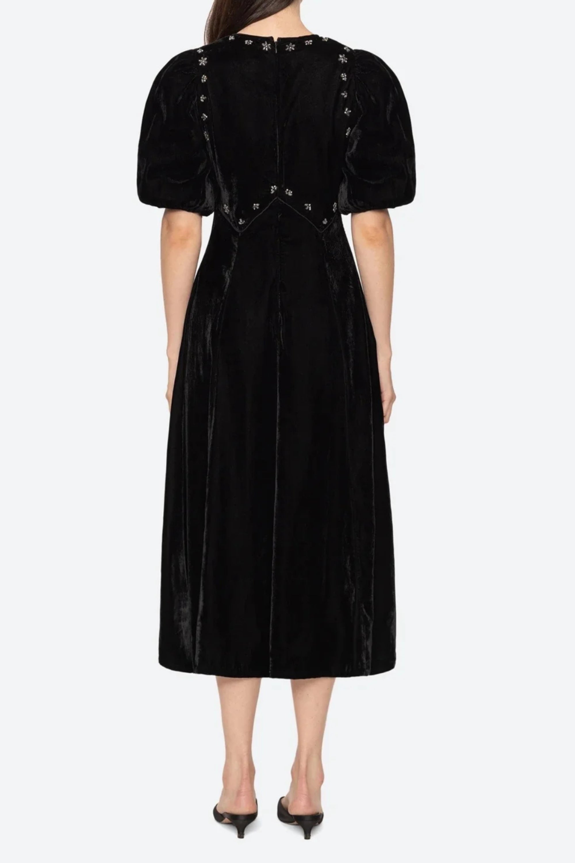 Black Crystal Embellished Puff Sleeve Midi Dress for Women - Elegant Party, Wedding & Evening Occasion Wear