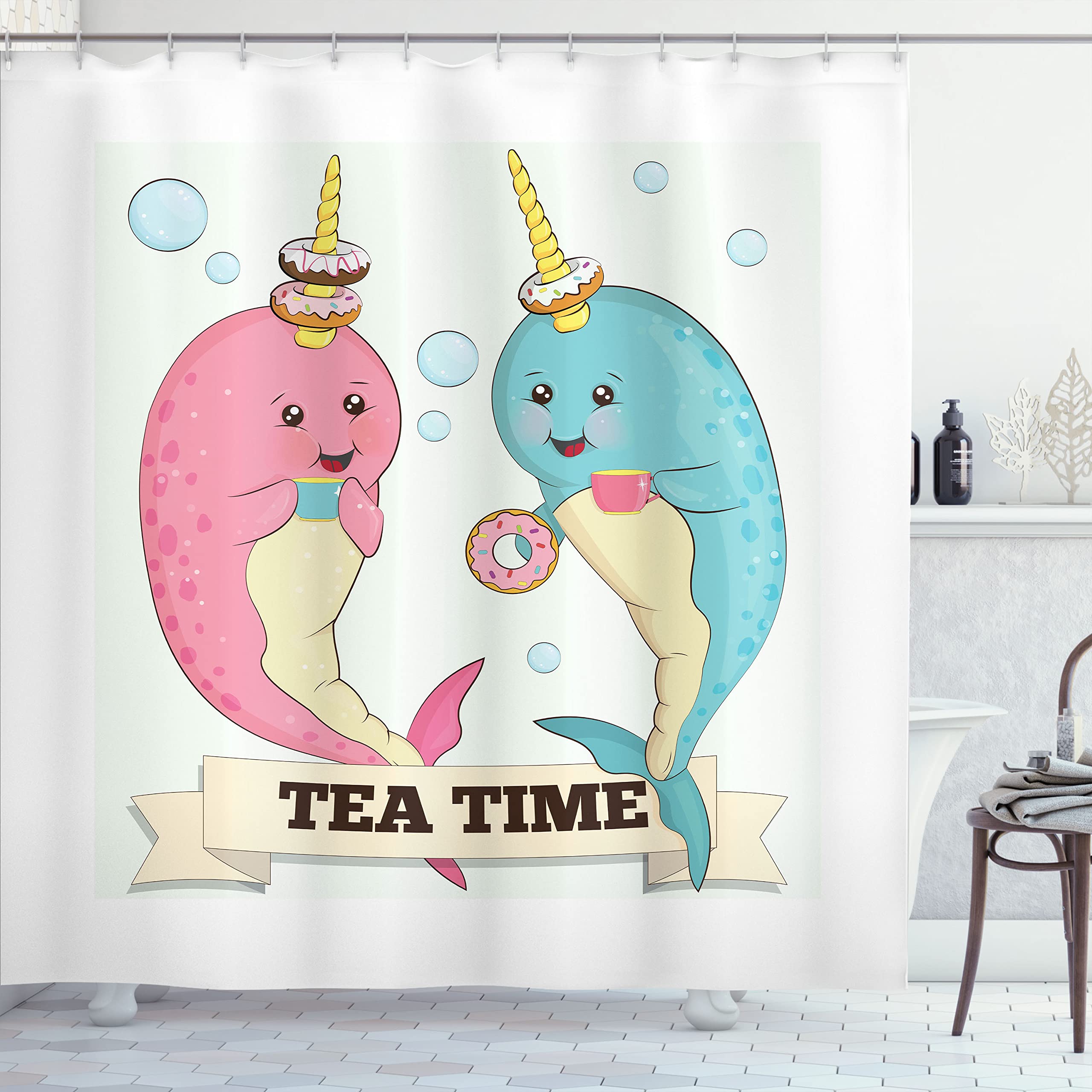Ambesonne Narwhal Shower Curtain - Tea Drinking Whales Ocean Unicorn with Abstract Bubbles Design, 69x70 Inch Waterproof Fabric Bathroom Decor with Hooks - Perfect for Kids' Bathroom, Beach Theme Decor, and Unicorn Lovers (Pale Pink & Blue)