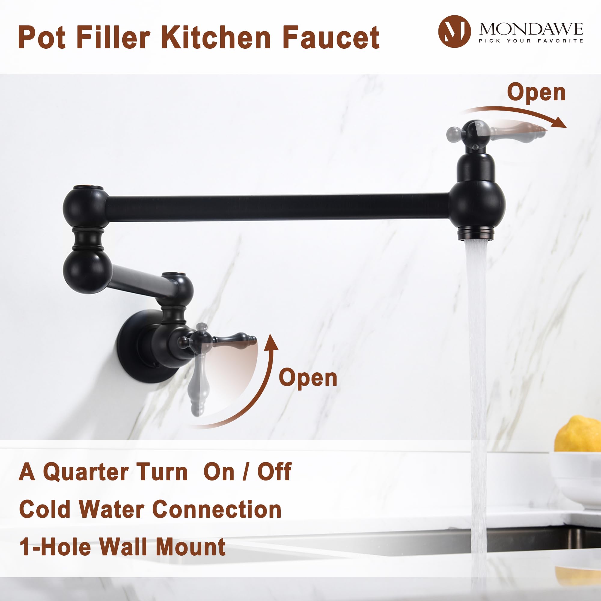 MONDAWE Matt Black Pot Filler Faucet - Brass Wall Mount Stove Faucet with Double Handle & 360° Rotation - 1.8 GPM Kitchen Sink Faucet for Pasta Cooking & Soup Making - Perfect for Modern Farmhouse & Commercial Kitchens
