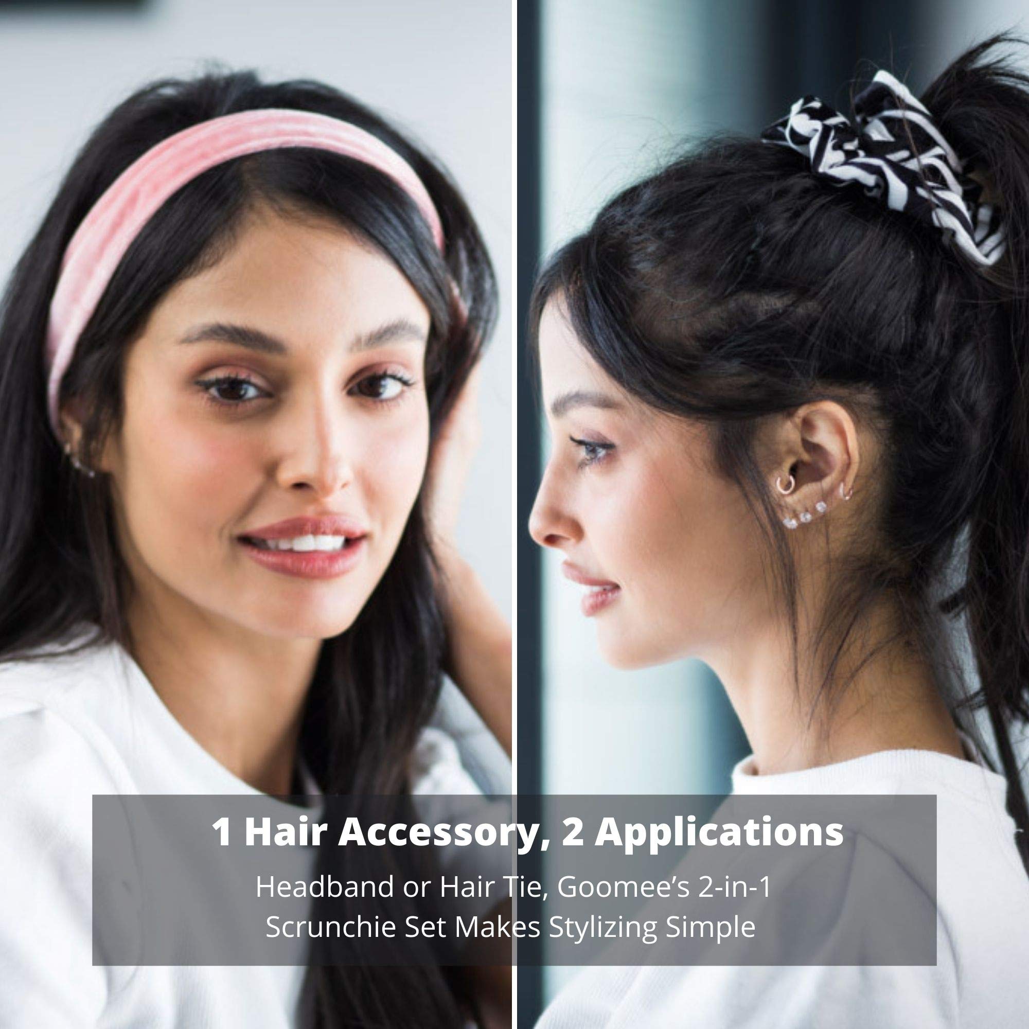 Goomee 2-in-1 Hair Scrunchies & Headbands Set - 3 Pack Velvet Hair Ties Convertible to Headwraps - No Pull Gentle Hair Accessories for Women Girls (Black, Pink, Beige) - Perfect for Workouts, Yoga, Office & Everyday Styling