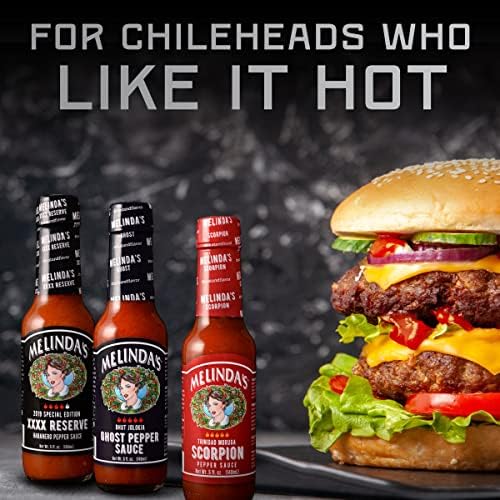 Melinda’s Extreme Fiery Variety Pack - 3 Bottles of Extra Spicy Craft Hot Sauce Gift Set with Ghost Pepper, Scorpion Pepper & Habanero XXXXtra Reserve - 5oz Each - Perfect for Spicy Food Lovers, BBQ Parties, and Hot Sauce Enthusiasts