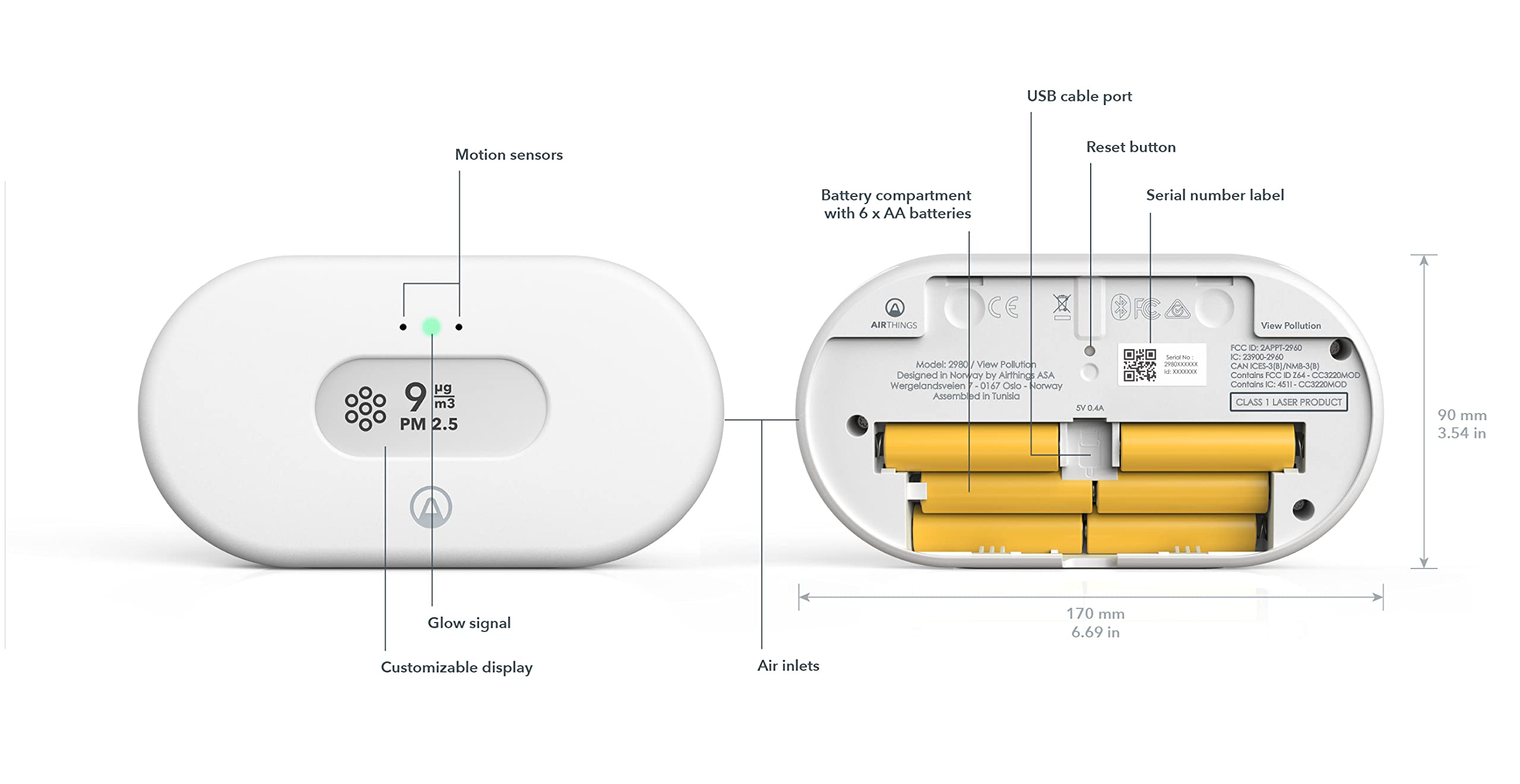 Airthings View Pollution - Smart Indoor Air Quality Monitor with PM2.5 Sensor, Humidity & Temperature Detection - Wireless WiFi & Battery Powered for Home, Office - Ideal for City Pollution & Wildfire Smoke Monitoring - Works with Mobile App