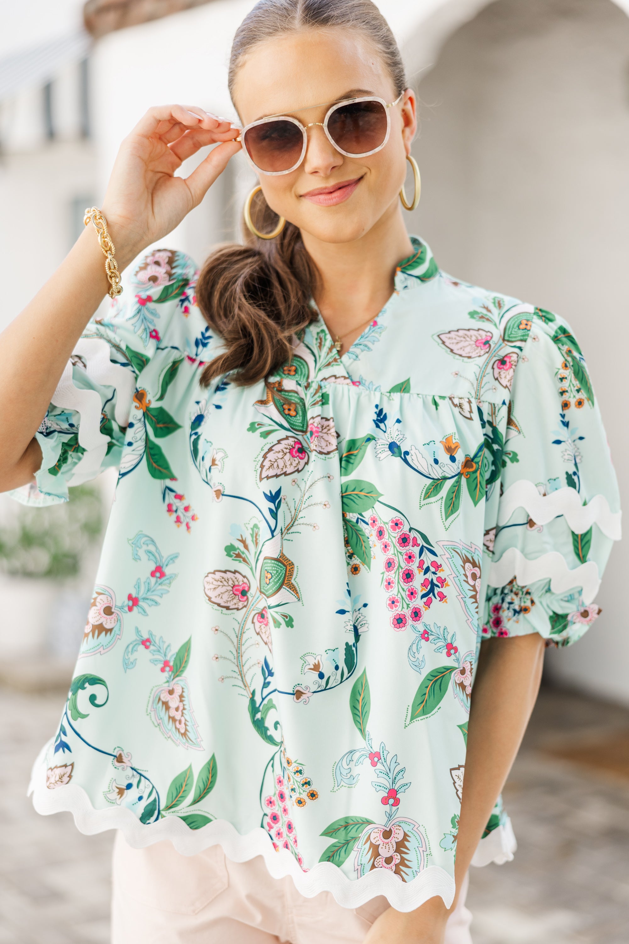Stylish Sage Green Paisley Blouse for Women - Trendy Floral Print Top for Casual Wear & Office Outfits
