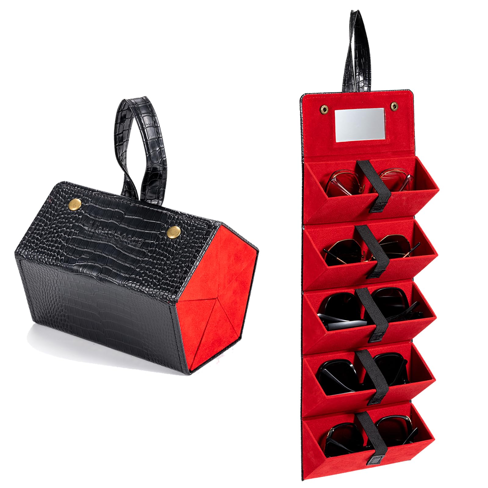 Menoeceus Travel Sunglasses Organizer Case - 5 Slot Eyeglasses Storage Holder for Women & Men (Black+Red) - Perfect for Airplane, Car, Beach & Outdoor Adventures
