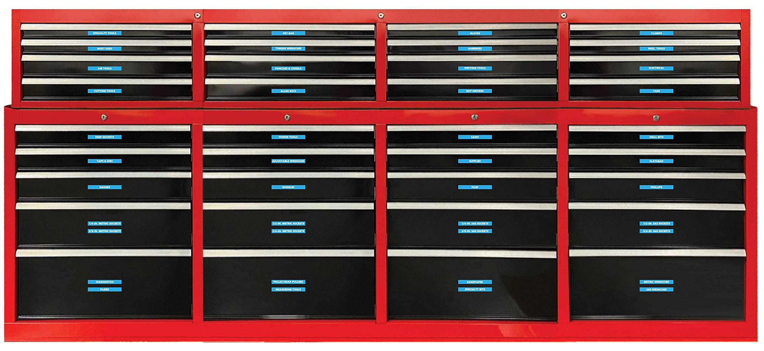 66-Piece Magnetic Tool Labels Set - Bold, Durable & Easy-to-Read Tool Organization Magnets for Workshop & Garage (0.5”H x 4.5”W, Cyan) by DCM Solutions - Perfect for Toolbox, Pegboard & Metal Cabinets Organization
