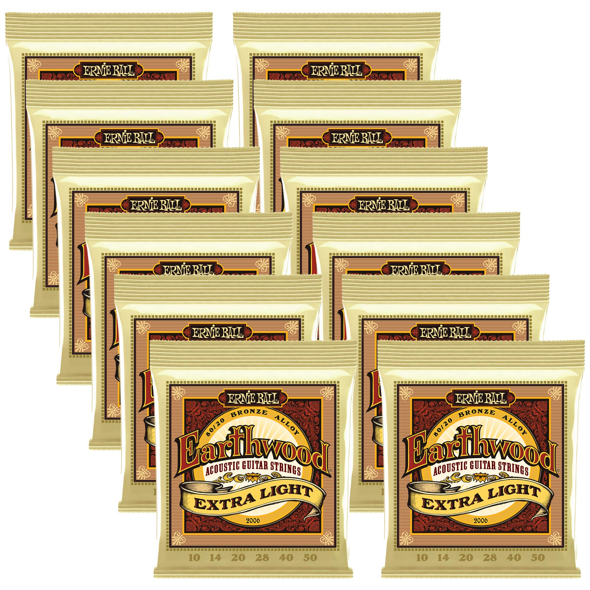 12-Pack Ernie Ball Earthwood Extra Light Gauge 80/20 Bronze Acoustic Guitar Strings (2006) - Perfect for Beginners, Travel & Studio Recording