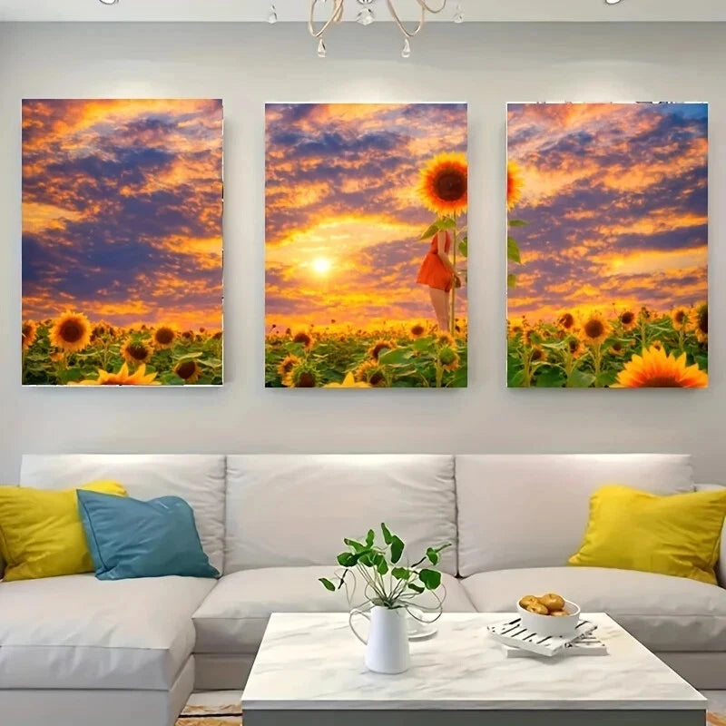 3-Piece Sunflower Field Metal Wall Art - Ready to Hang Landscape Prints for Home & Office Decor | Perfect for Living Room, Bedroom & Gift Giving