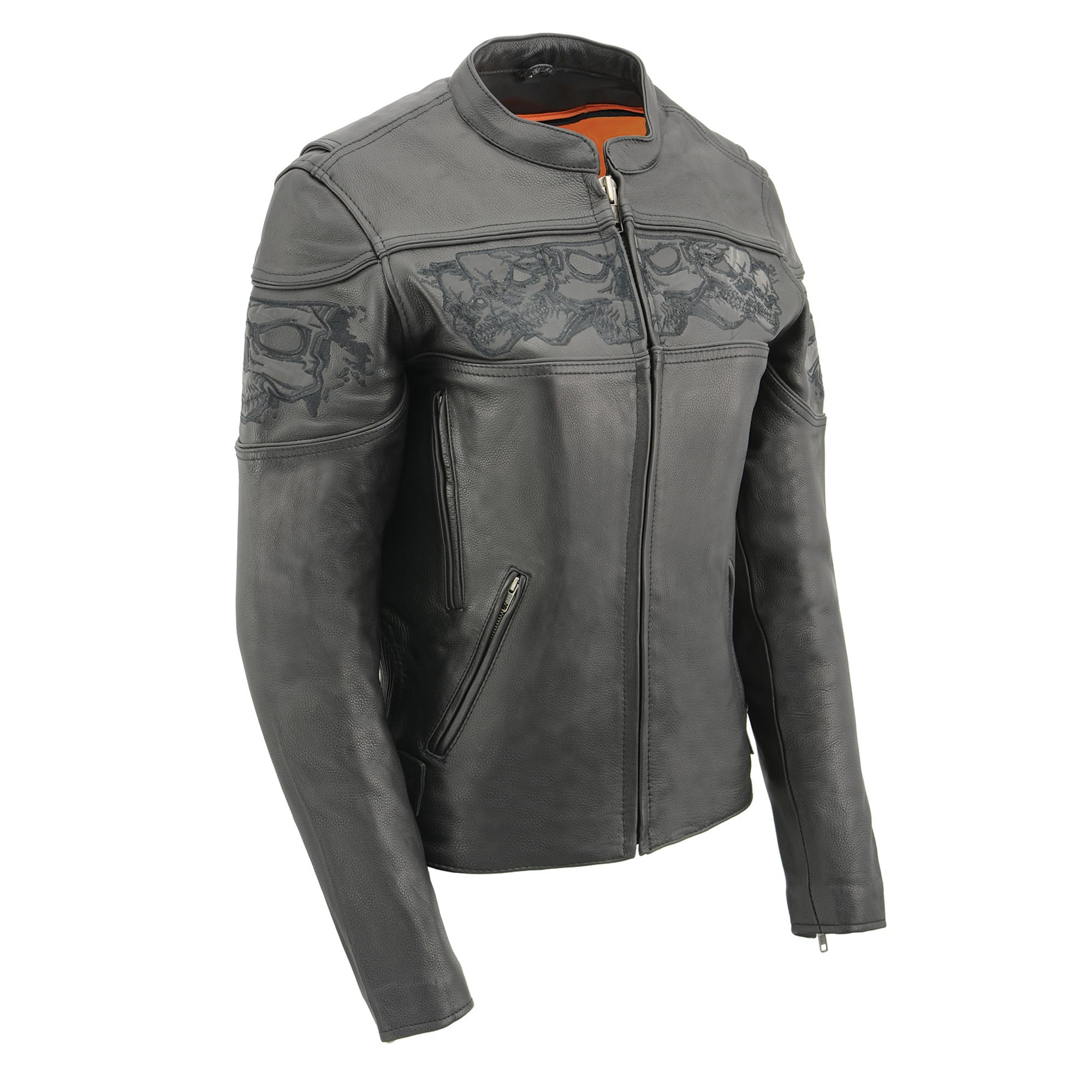 Milwaukee MLL2540 Women's Reflective Skulls Motorcycle Jacket - Soft Naked Cowhide Leather for Riding Safety | Perfect for Biker Ladies, Night Riding & Motorcycle Enthusiasts