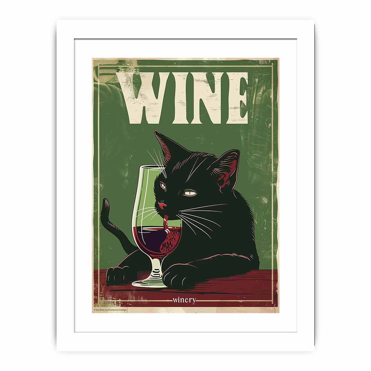 Black Cat Drinking Red Wine Wall Art - Funny Home Decor for Living Room, Bar & Office