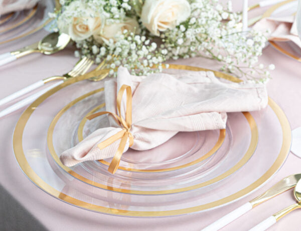 24-Pack Clear & Gold Rim Plastic Dinnerware Set for 8 Guests - Elegant Disposable Plates, Cups & Cutlery - Perfect for Weddings, Parties, BBQs & Outdoor Events