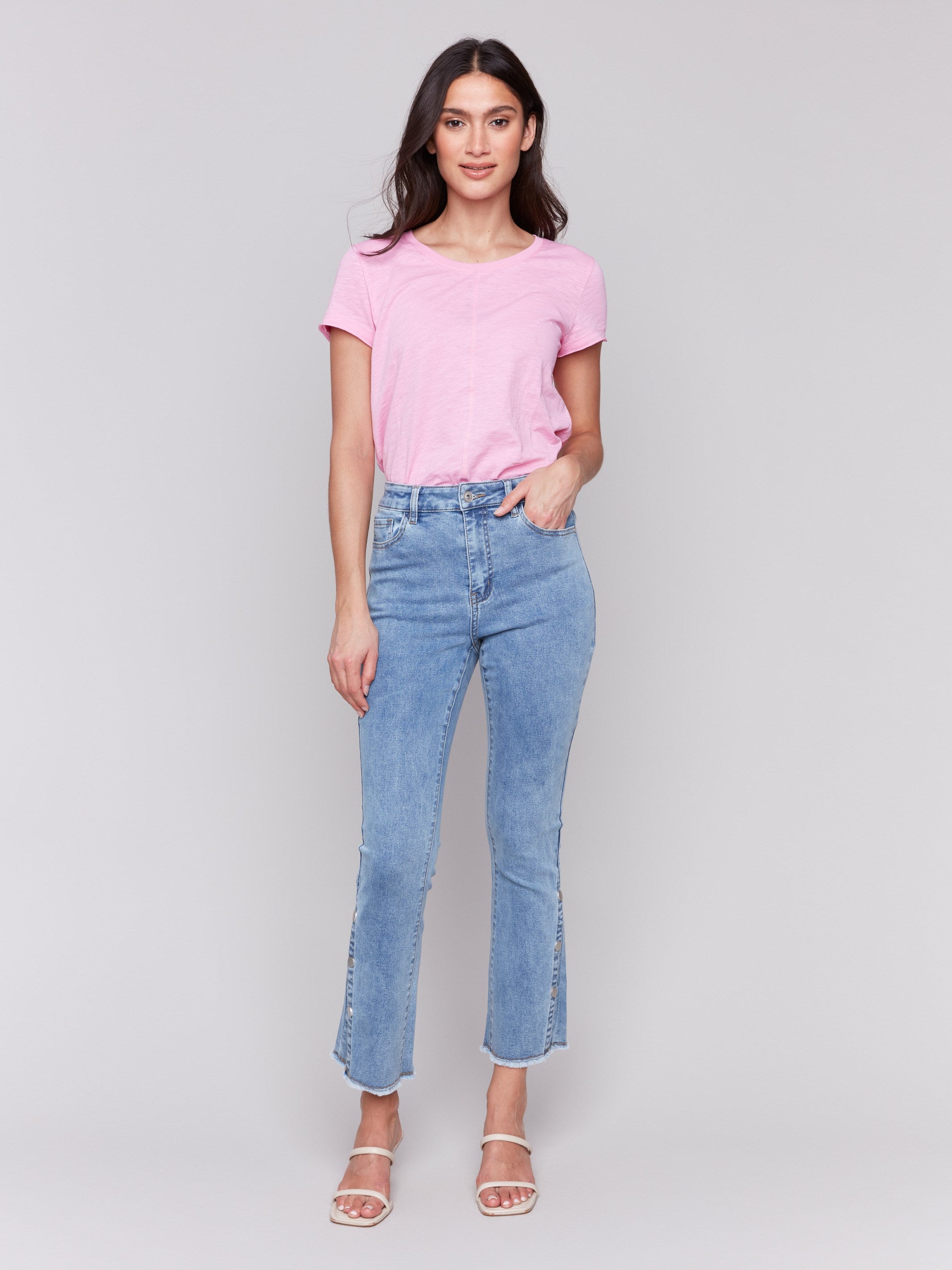 Stylish Bootcut Jeans with Side Snap Detail - Light Blue Denim for Women | Perfect for Casual Wear & Everyday Outfits
