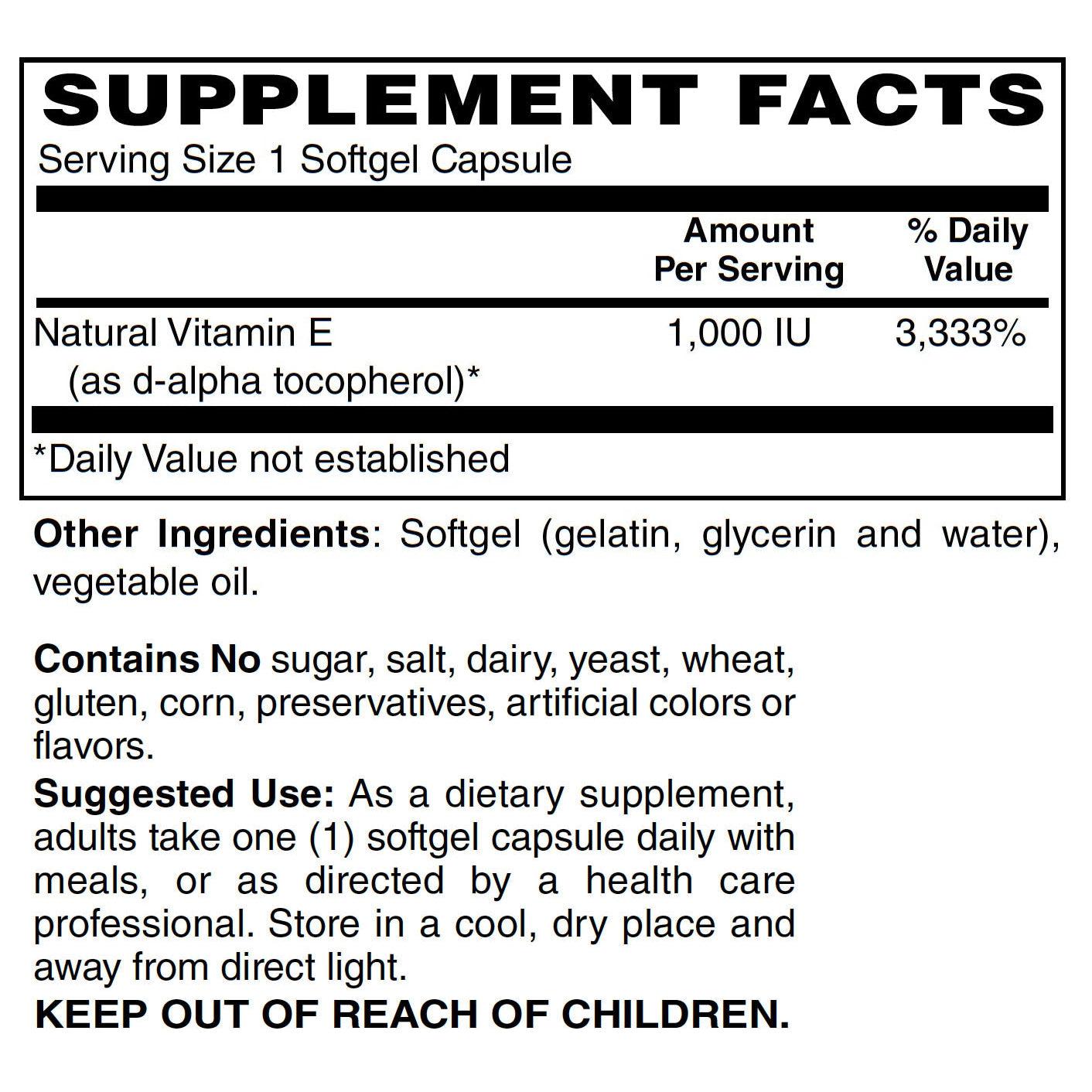 Blue Ridge Natural Vitamin E 1000 IU Softgels - Antioxidant Supplement for Skin, Hair & Immune Support - Daily Health Boost for Adults
