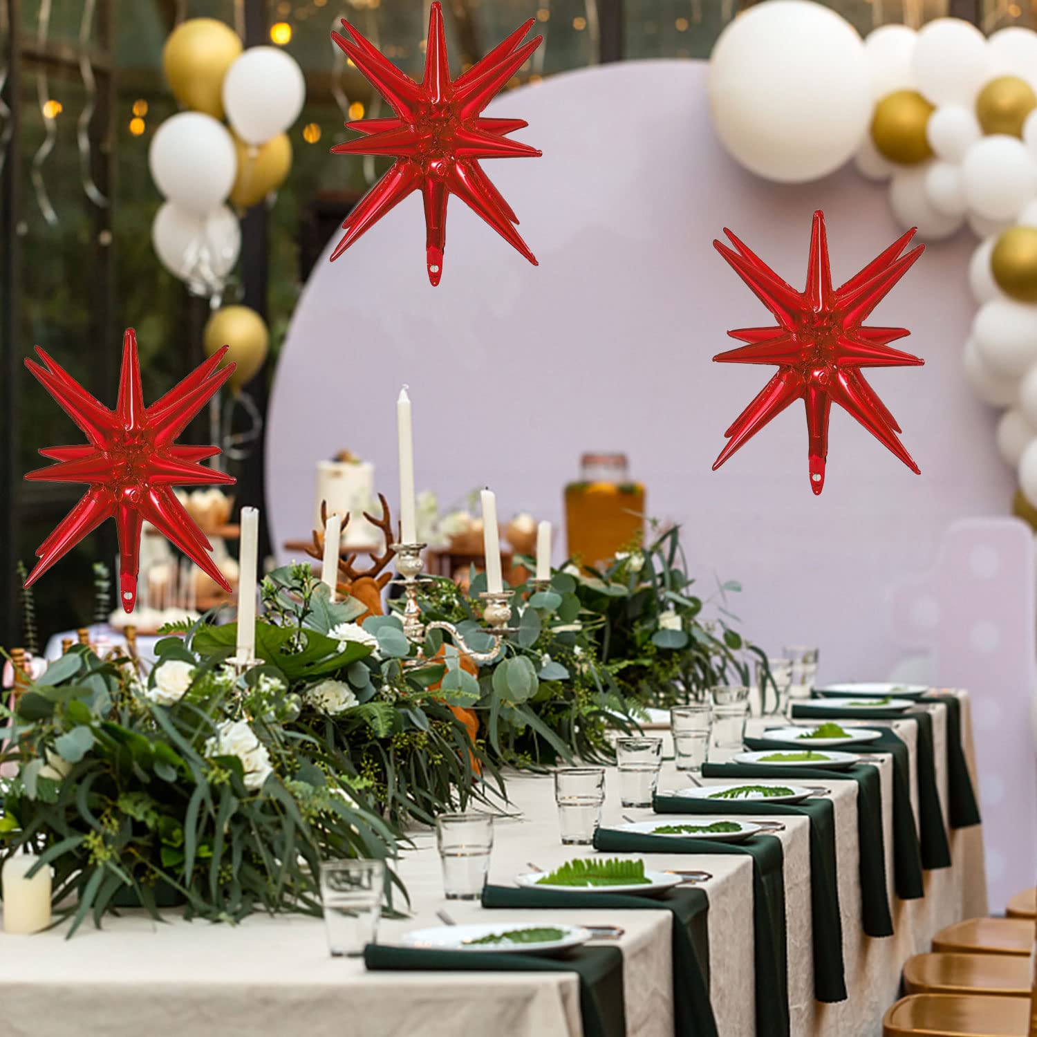 6 Pcs Red Star Foil Balloons - 14-Pointed 3D Mylar Balloons 22 Inch for Christmas, Birthday, Wedding & Anniversary Party Decorations (Red) - Perfect for Indoor & Outdoor Celebrations, Photo Backdrops and Festive Events