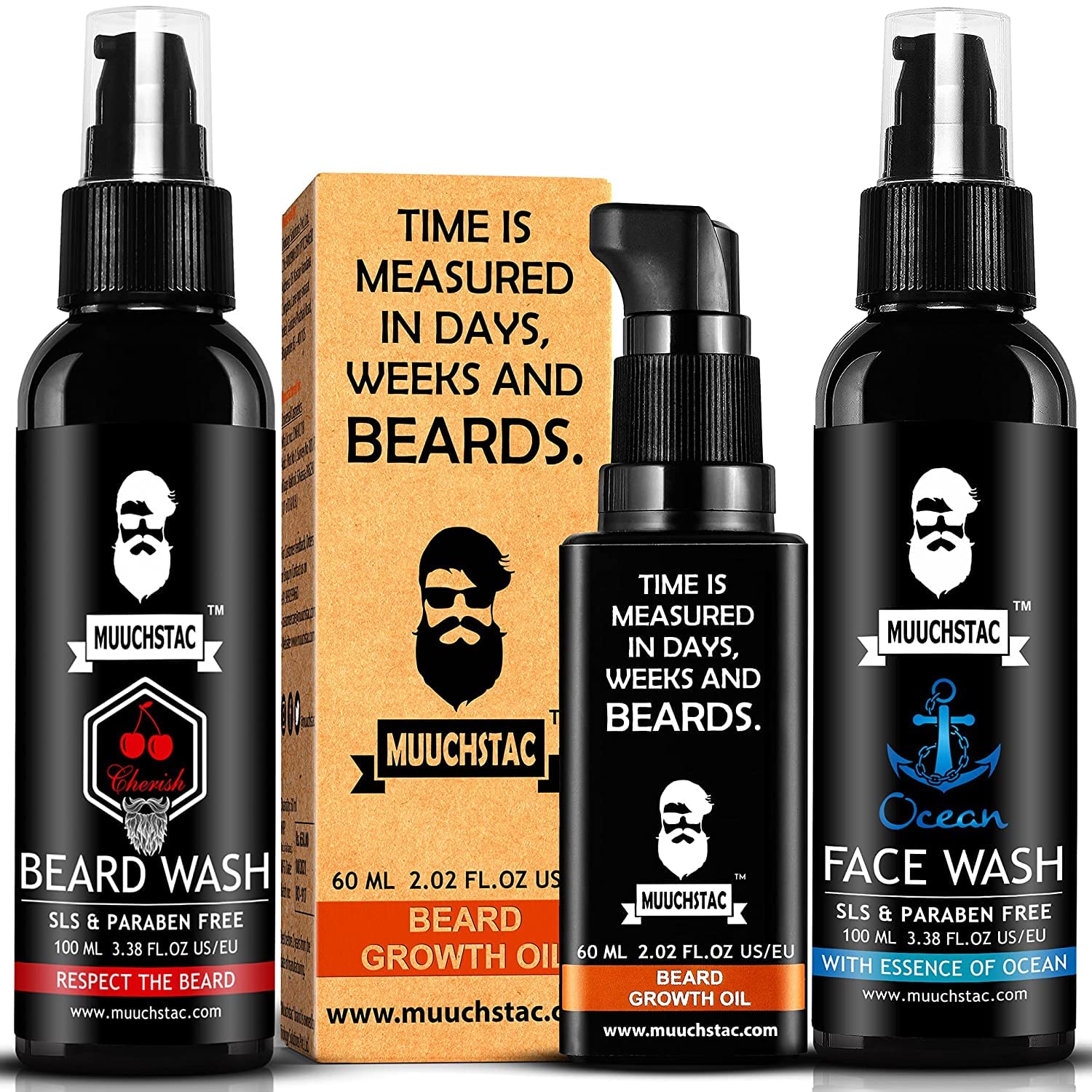 ROSEVILLA Beard Growth Kit for Men - 60ml Beard Oil, 100ml Face Wash & 100ml Beard Wash Combo - Natural Grooming Set for Thicker Fuller Beard - Perfect for Daily Beard Care & Styling Routine