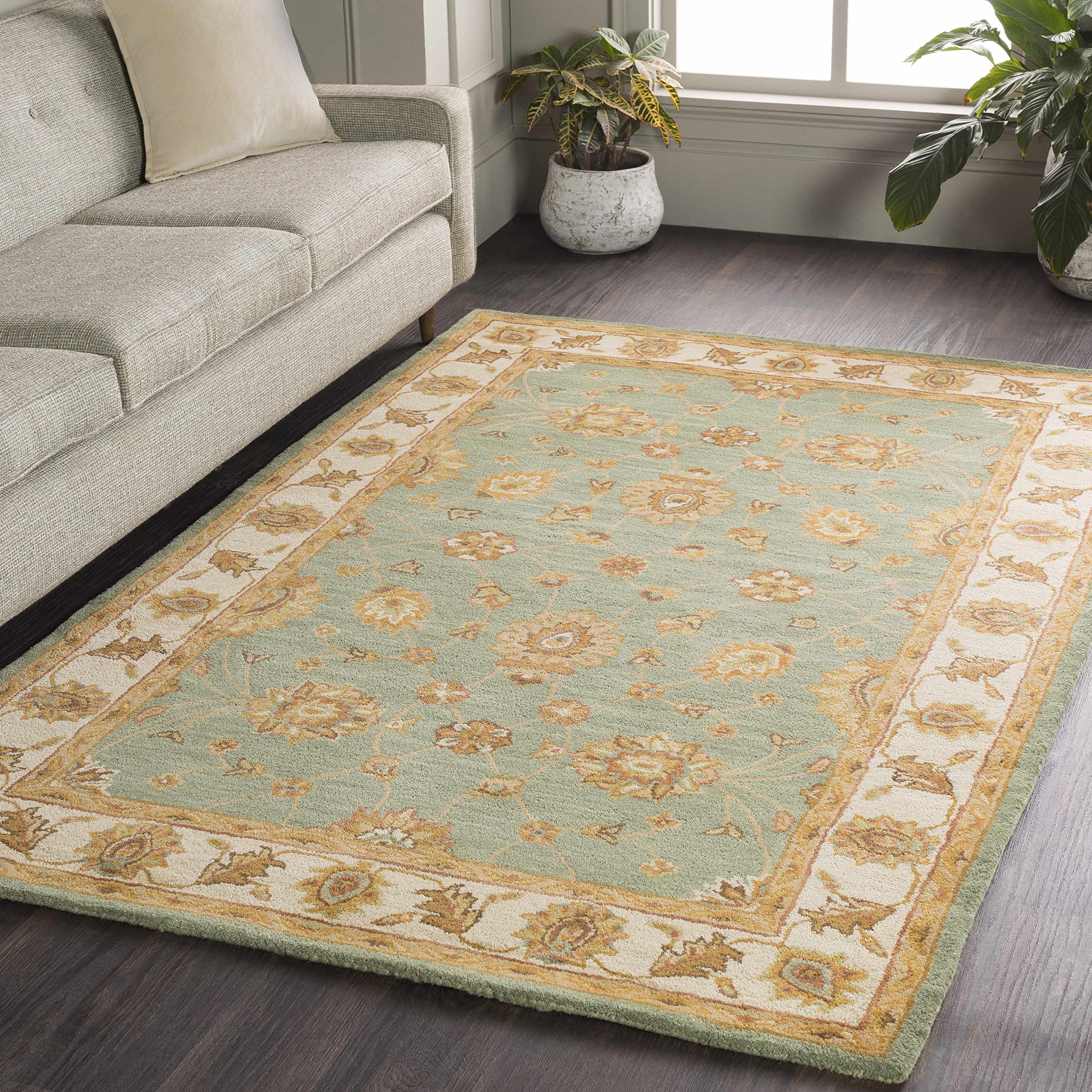 Hauteloom Lagrange Wool Area Rug for Living Room & Bedroom - Traditional Design in Green, Beige, Red - 8' Round - Soft & Durable Floor Decor for Home Comfort