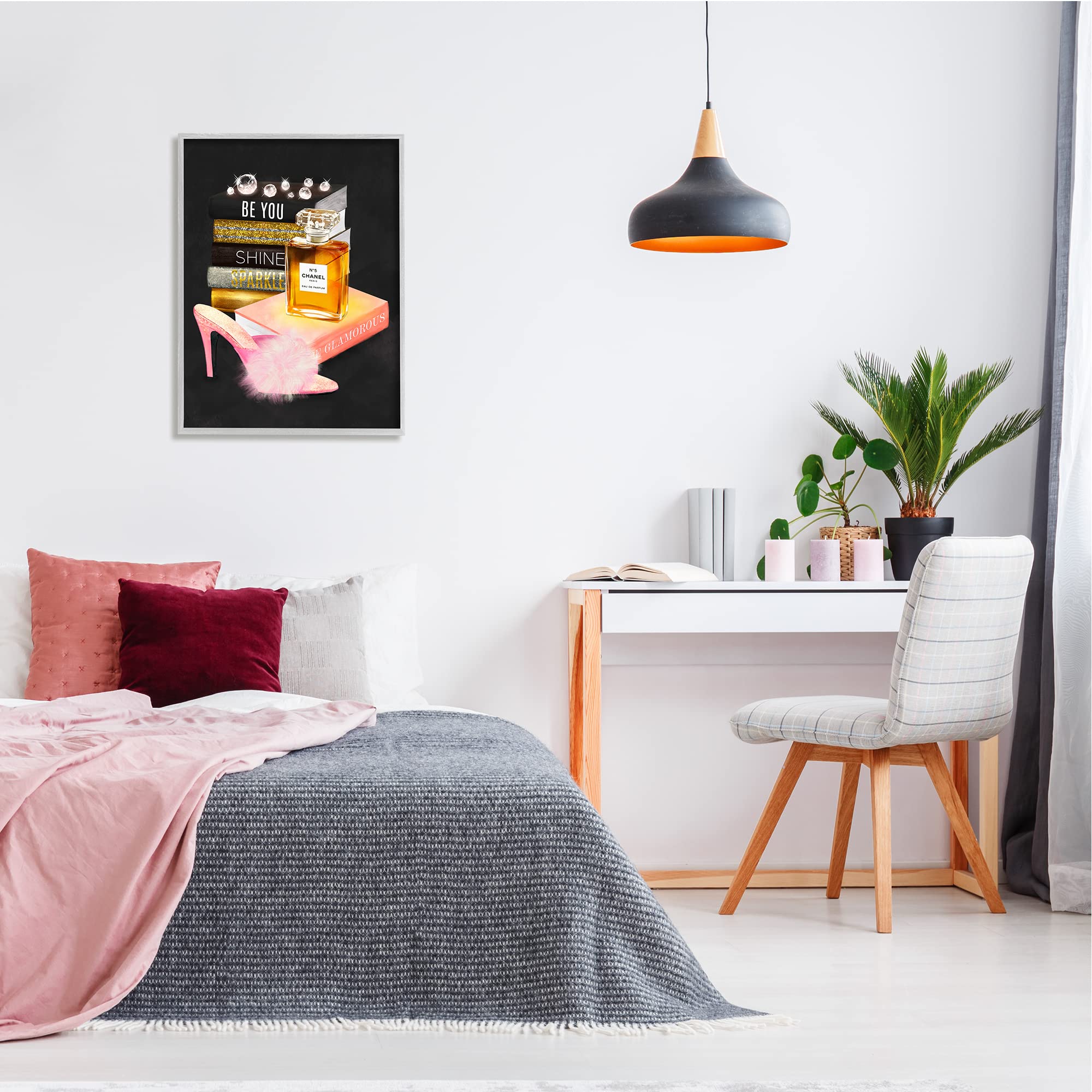 Stupell Industries 'Be You' Motivational Perfume Bottle & Bookstack Fluffy Pompom Heel Wall Art - Inspirational Home Decor for Bedroom, Office & Gift Giving - Designed by Ziwei Li