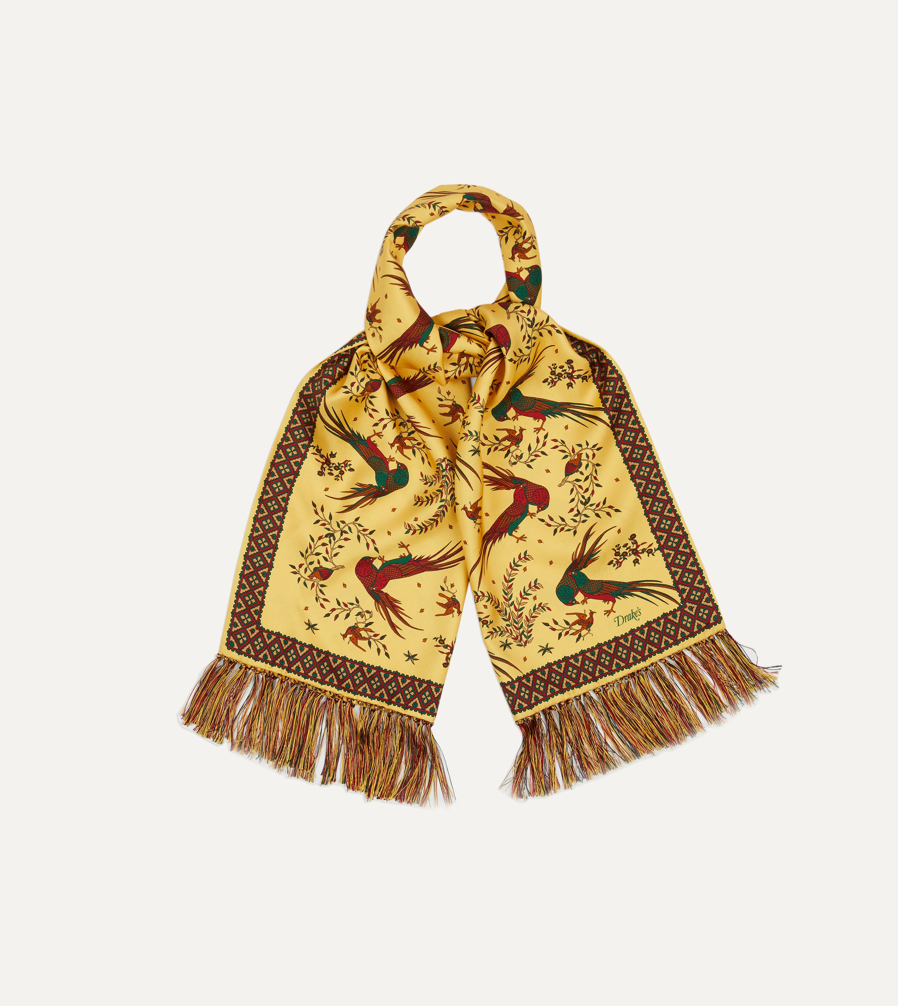 Luxury Gold Birds of Paradise Print Silk Scarf with Tassels - Elegant Fashion Accessory for Women, Perfect for Parties, Weddings & Special Occasions