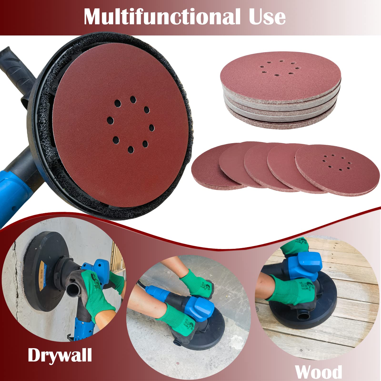 50 PCS 9 Inch 8 Hole Drywall Sanding Discs - 60/80/120/150/240 Grits Hook & Loop Sandpaper for Drywall, Walls & Floors | Perfect for Home Renovation, Drywall Repair & Surface Polishing