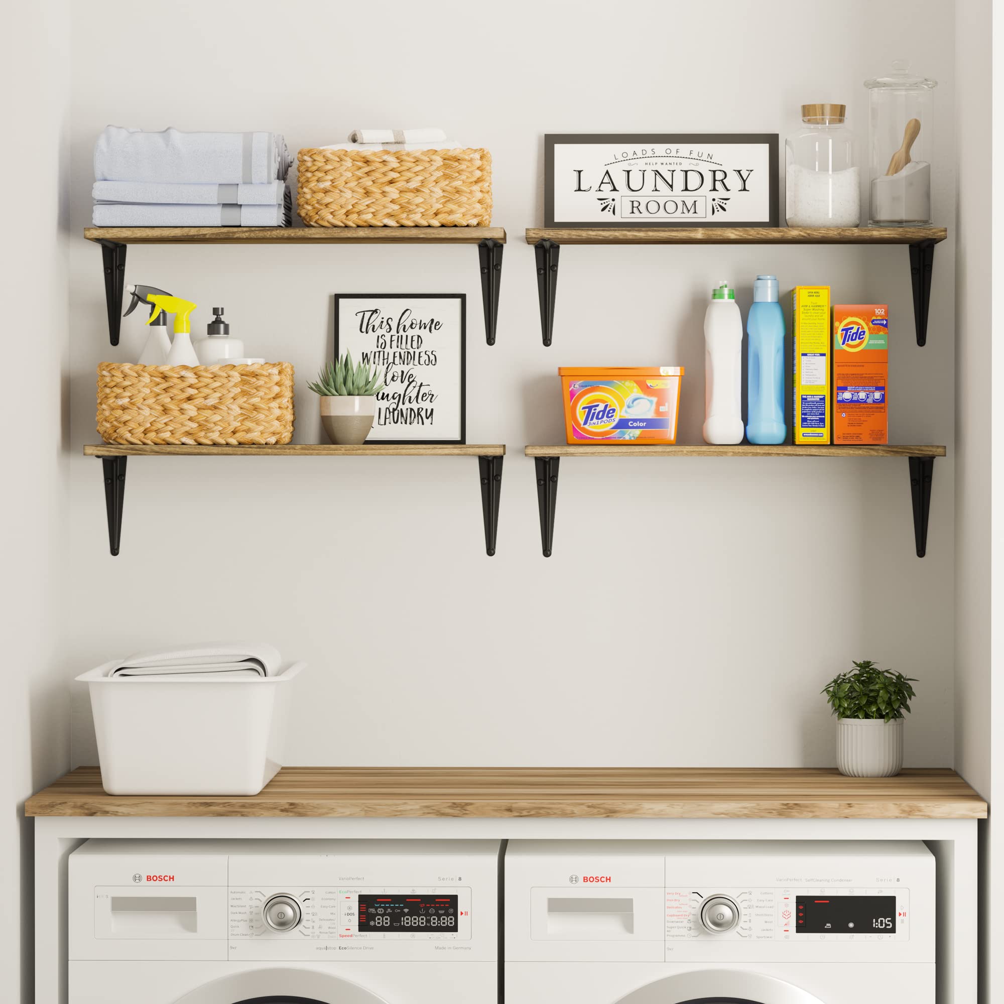 Wallniture Arras 24x8 Inch Floating Shelves Set of 4 - Rustic Burnt Finish Wall Mounted Shelves for Home Decor, Bookshelf for Living Room, Kitchen Storage & Bedroom Organization - Perfect for Displaying Books, Plants & Decorative Items