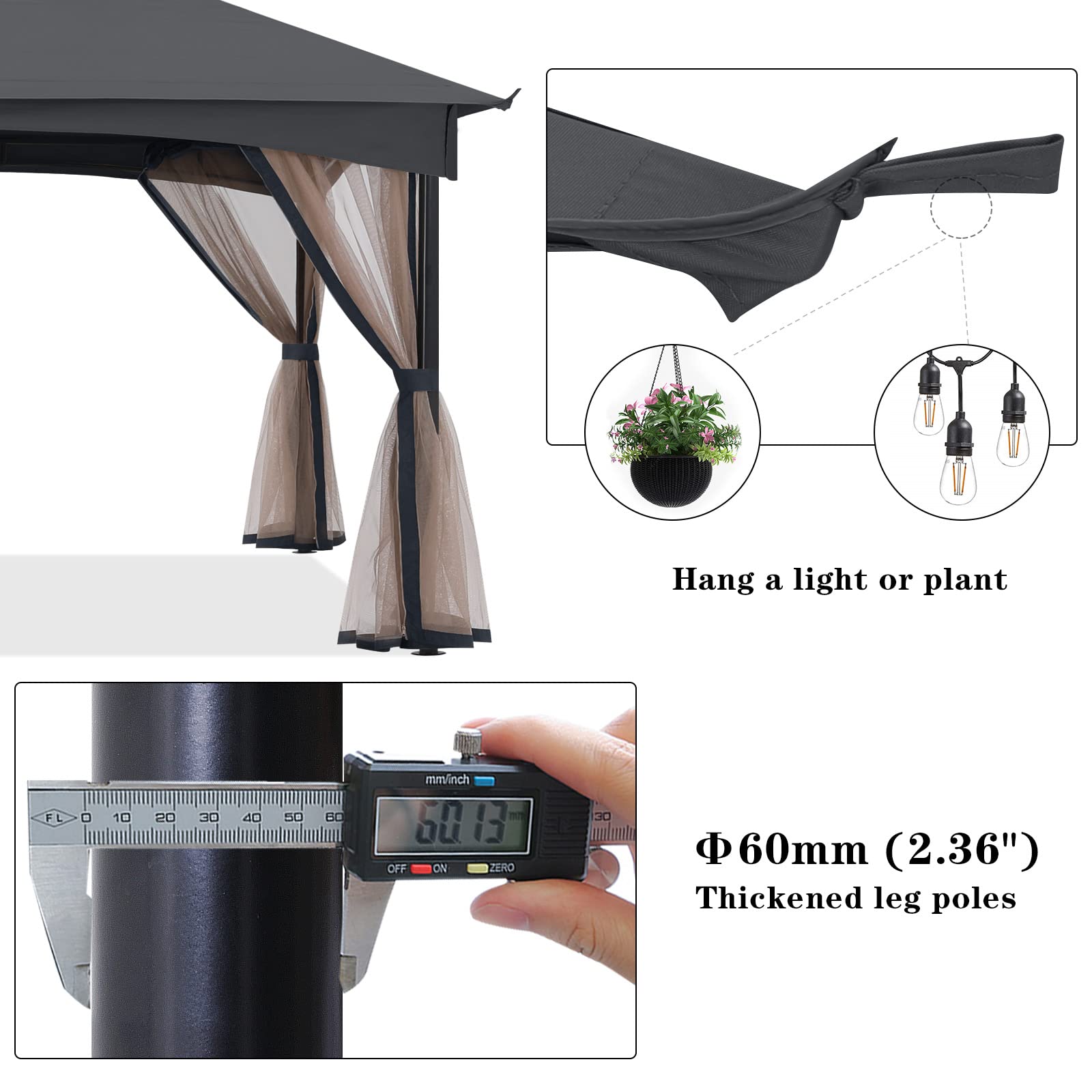 MASTERCANOPY Tool-Free 11x11ft Patio Gazebo with Netting Walls - Easy Screw-Free Installation for Outdoor Garden, Backyard, and Camping (Gray)