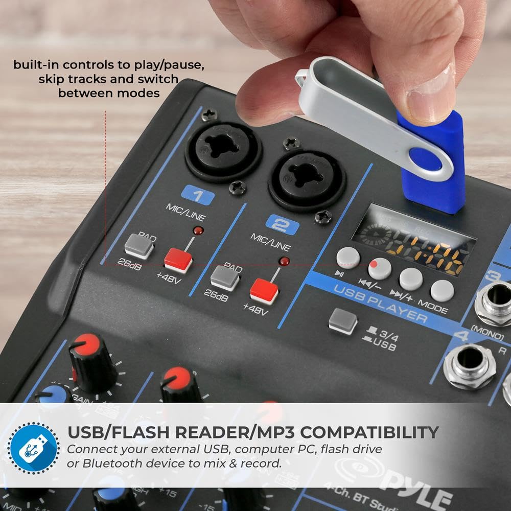Pyle Professional 4-Channel Audio Mixer Sound Board with USB, Bluetooth, MP3 Input, 48V Phantom Power & 16-Bit DSP Processor - Ideal for DJ Studio, Live Streaming & Music Production - PMXU43BT.5