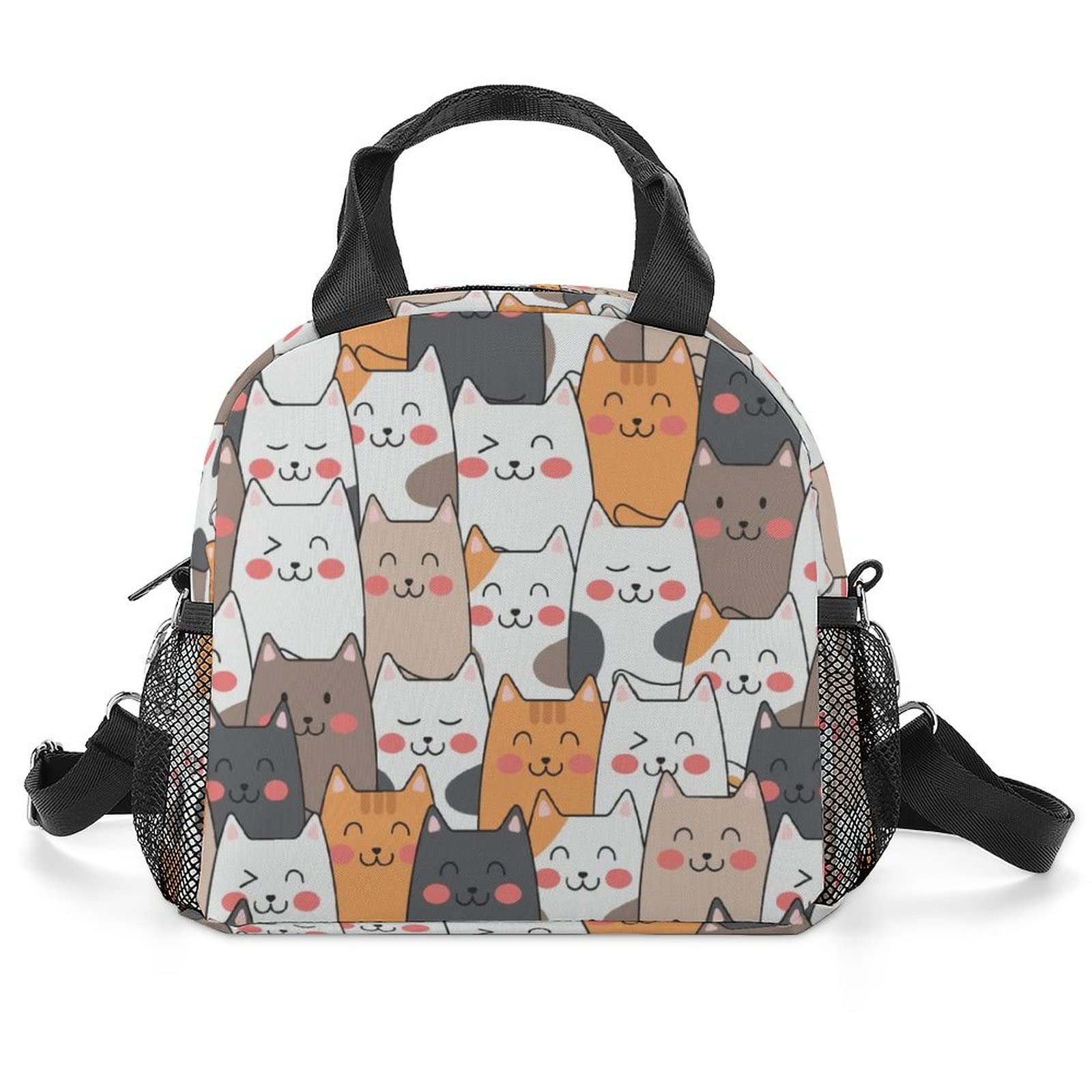 Cute Cat Pattern Insulated Lunch Box with Shoulder Strap - Cartoon Kitten Design Portable Cooler Bag for School, Picnic, Hiking & Beach - Perfect for Students, Kids & Outdoor Activities