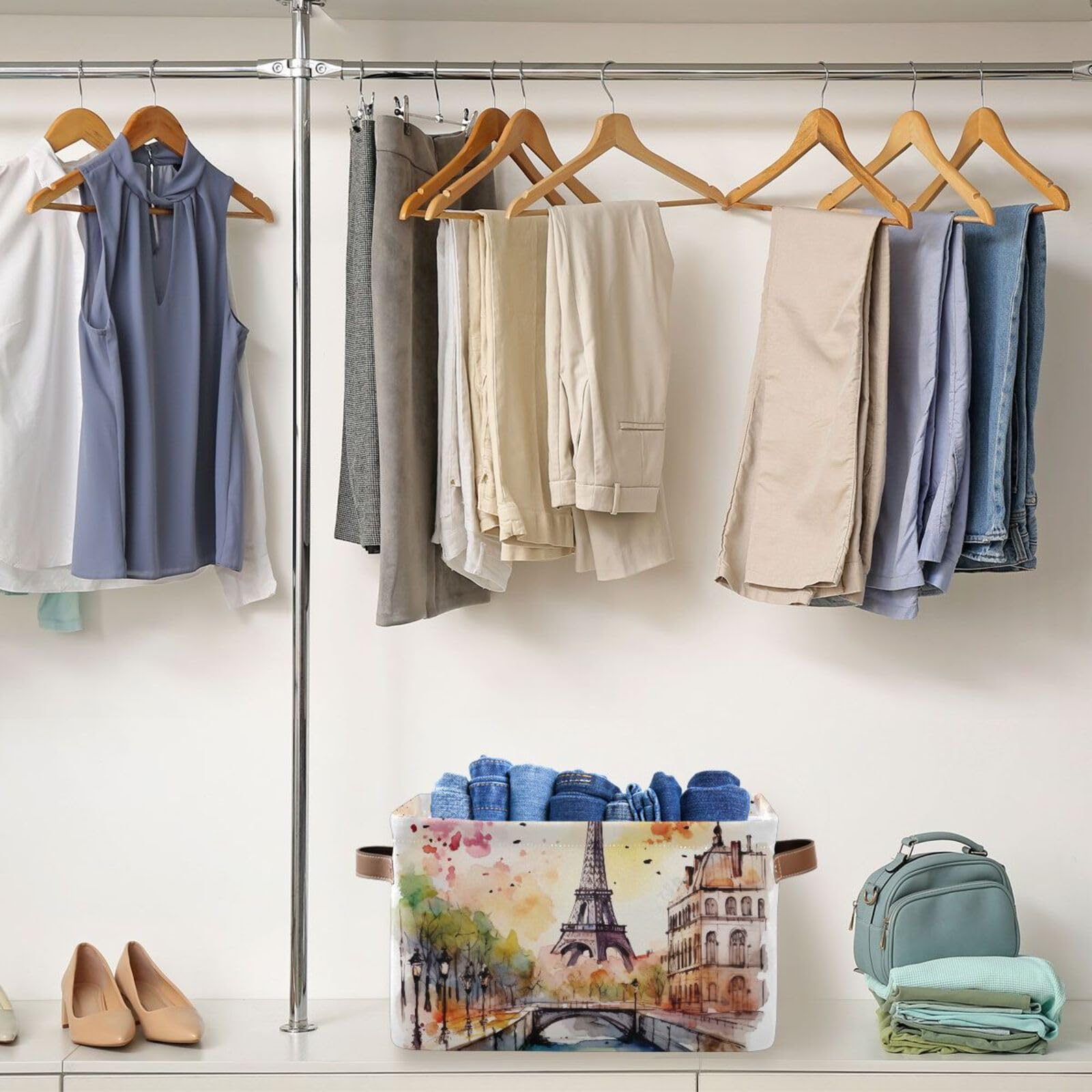 Paris Tower Painting Foldable Canvas Storage Baskets - 2 Pack Rectangle Fabric Organizer Box with Handles for Clothes, Home & Office Organization | Perfect for Closet Shelves, Bedroom Decor & Laundry Storage