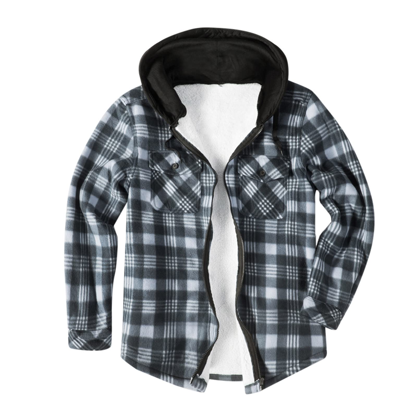 Men's Plaid Fleece Hooded Jacket with Zipper Pockets - Warm Winter Coat for Outdoor Activities & Casual Wear