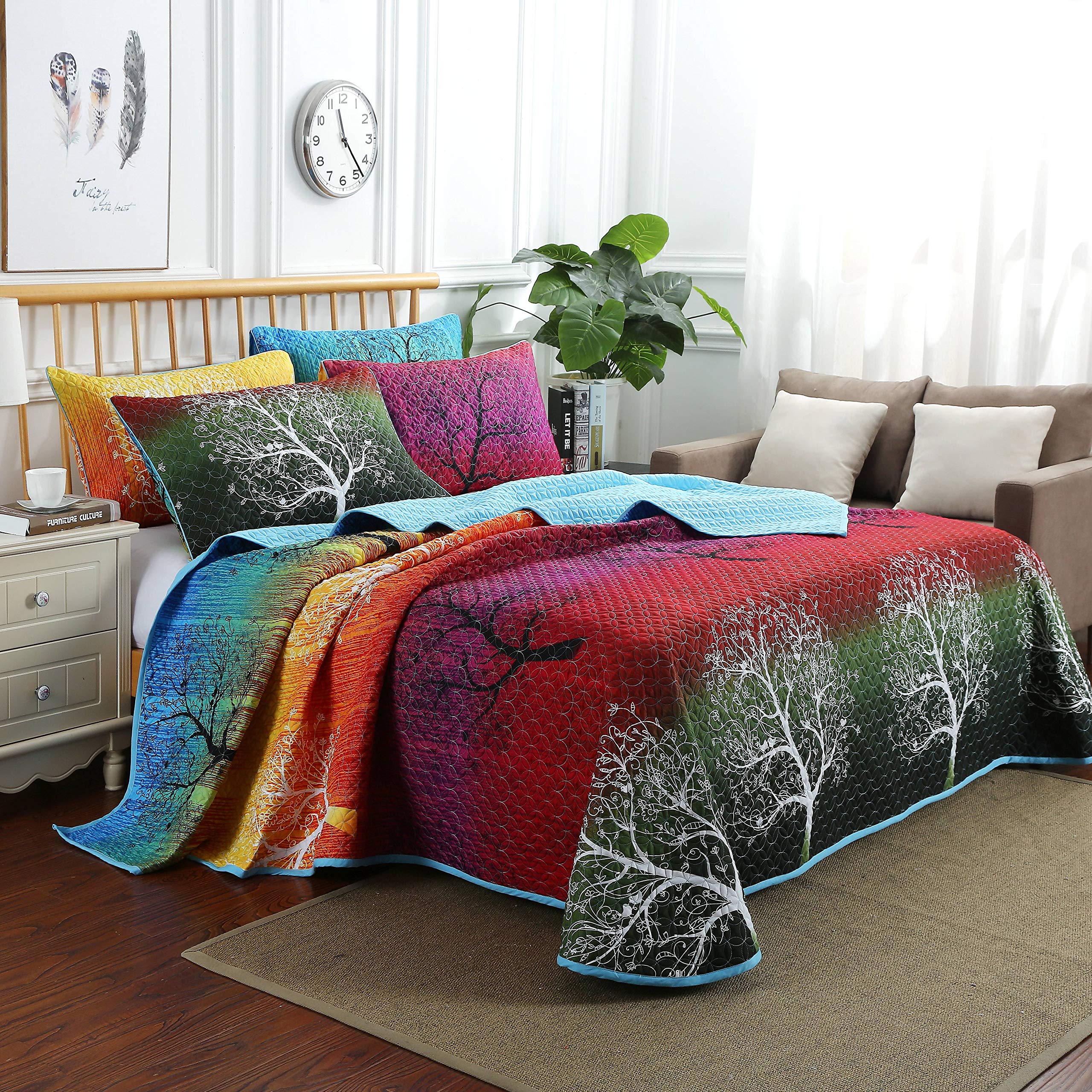 Swanson Rainbow Tree Bedspread Coverlet Quilt Set with Pillow Shams - King Size Luxury Bedding for Master Bedroom & Guest Room Decor