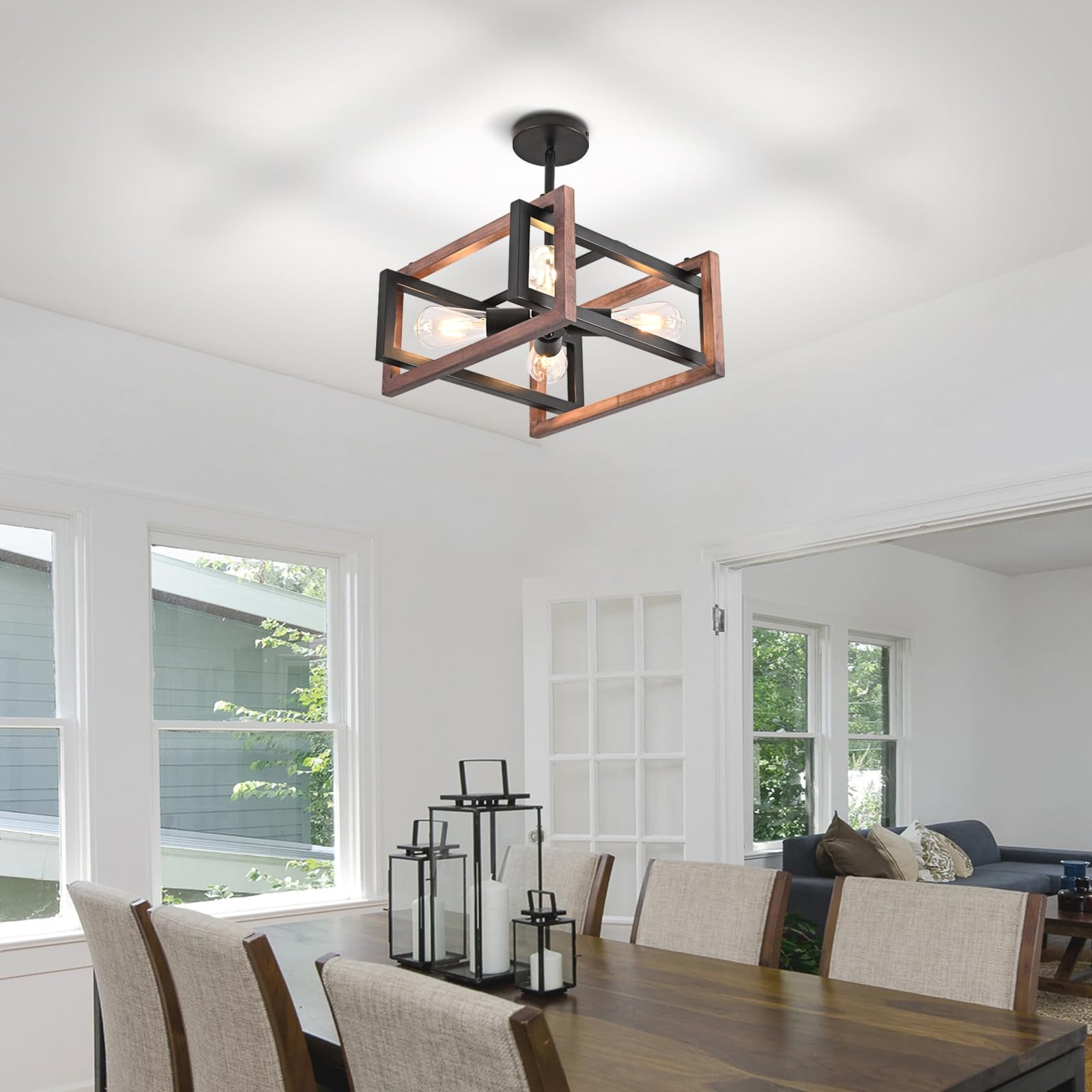 HuisMier 4-Light Farmhouse Ceiling Light Fixture - Rustic Wood & Metal Semi-Flush Mount Chandelier in Black - Industrial Style Lighting for Dining Room, Kitchen, Bedroom, Living Room, Hallway & Entryway - Perfect for Farmhouse, Industrial & Rustic Home Decor