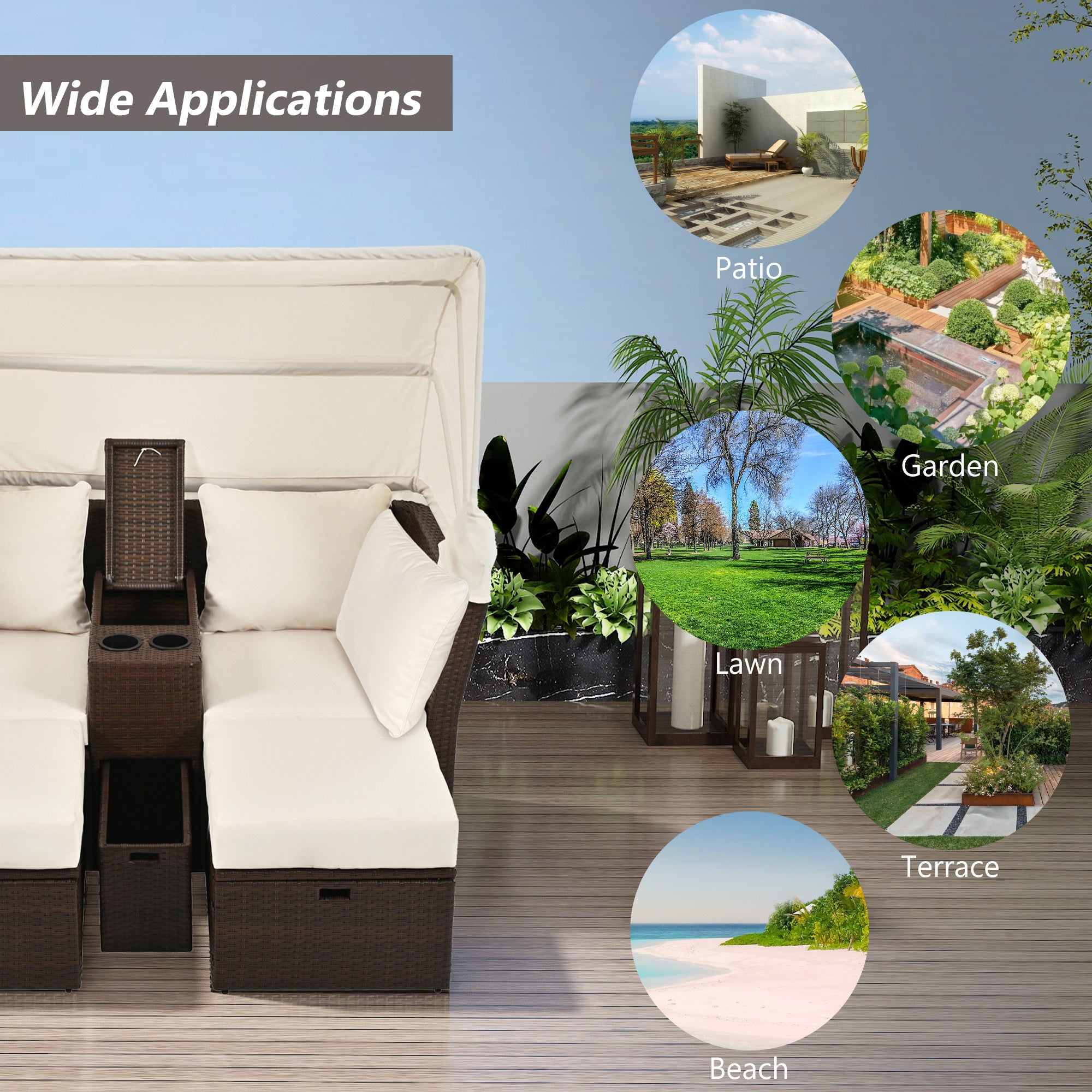 2 Seater Outdoor Patio Daybed with Foldable Awning & Cushions - Double Loveseat Sofa Set for Garden, Balcony, Poolside - Perfect for Relaxing, Sunbathing & Outdoor Lounging (Beige)
