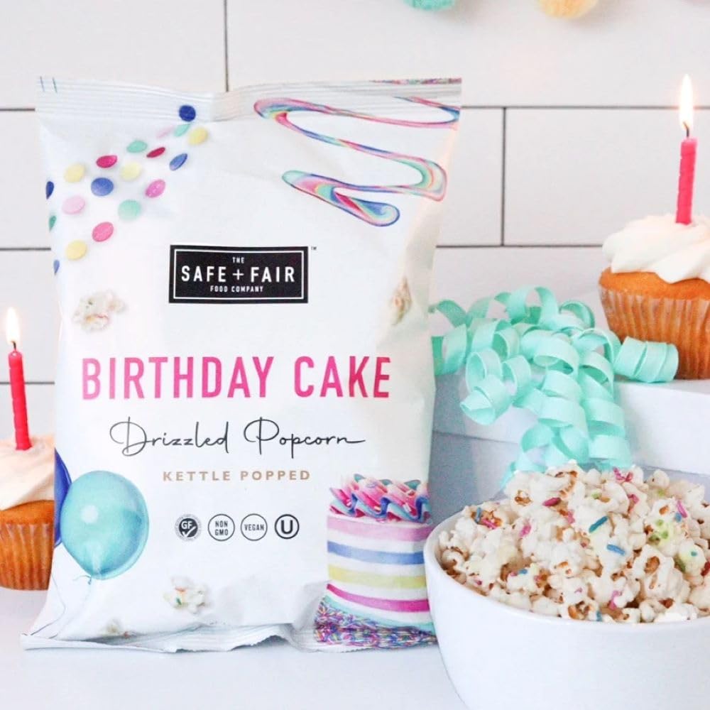 Safe + Fair Birthday Cake Drizzled Popcorn - Gluten-Free, Dairy-Free Vegan Snack - Non-GMO, Plant-Based Kettle Popped Corn (5.5 oz) - Free From Top 9 Allergens & Artificial Ingredients - Perfect for Birthday Parties, Movie Nights & Healthy Snacking