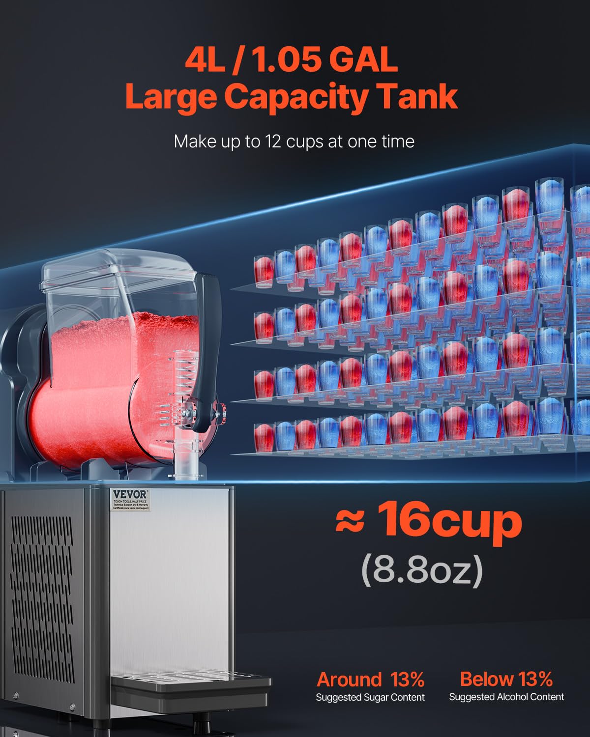 VEVOR Commercial Slushy Machine 4L Single Tank Frozen Drink Maker - 16 Cups Stainless Steel Margarita Smoothie & Slushie Machine for Home, Party, Restaurant, Cafe, Bar - Perfect for Summer Drinks, Cocktails & Frozen Treats