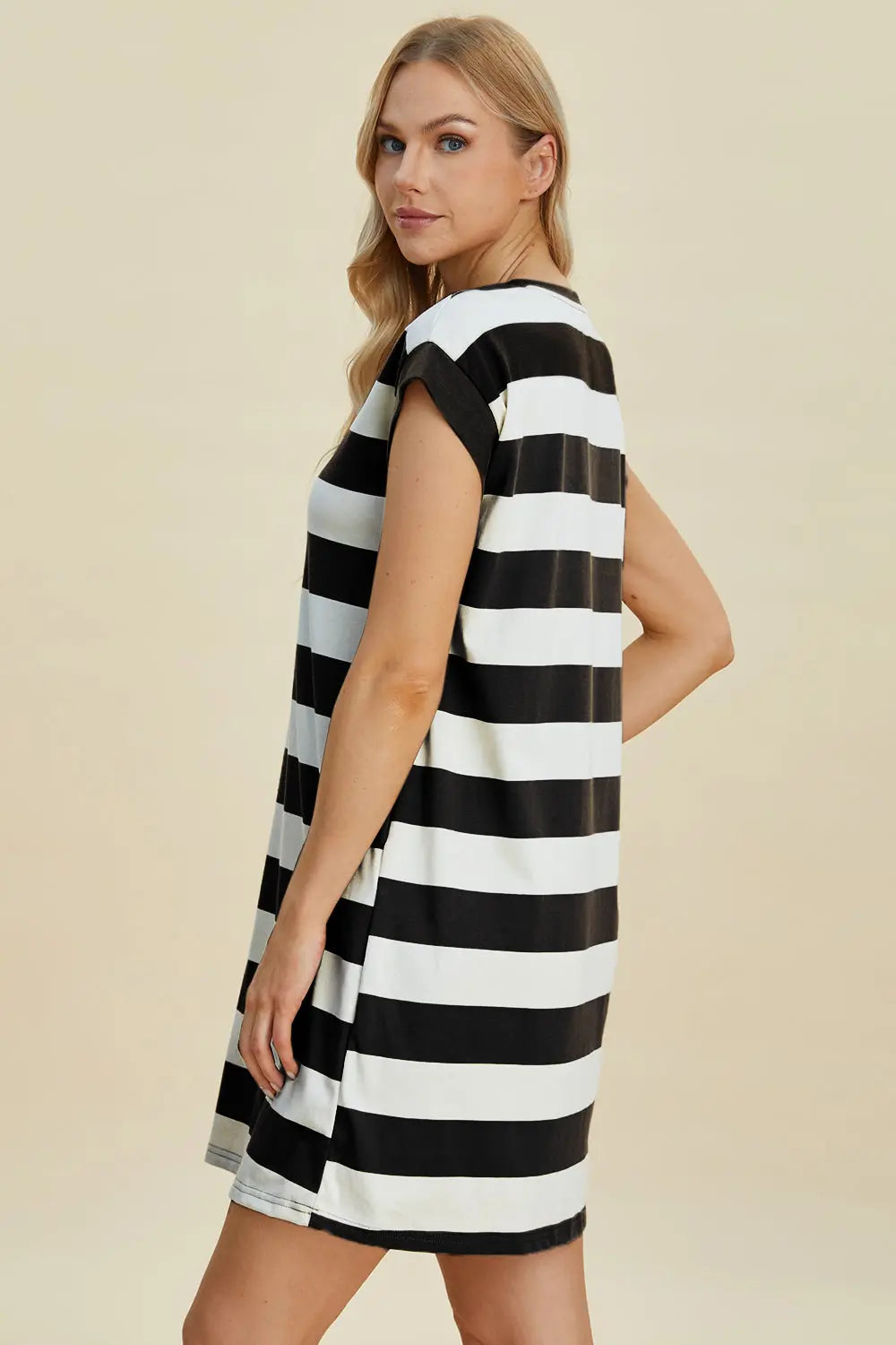 Basic Bae Women's Full Size Striped Round Neck Cap Sleeve Mini Dress - Casual Summer Outfit for Beach, Party & Date Night