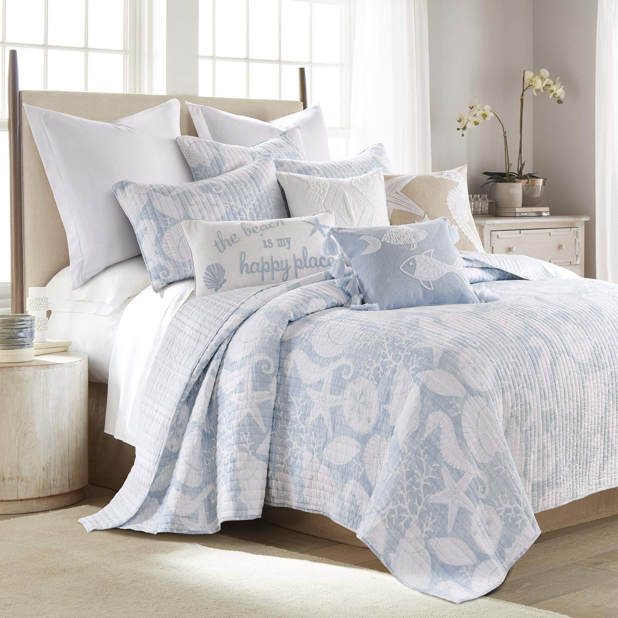 **Levtex Home Stillwater Reversible King Quilt Set - Coastal Blue & White Cotton Quilt (106x92in) with 2 King Shams (20x36in) - Perfect for Beach House & Coastal Bedroom Decor**