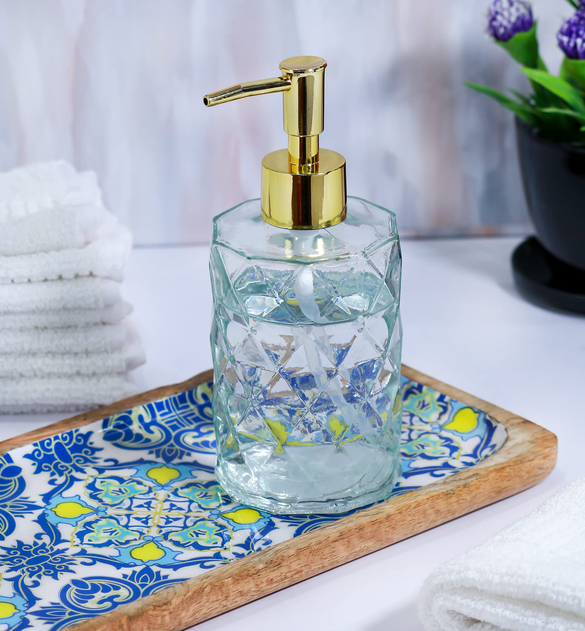 12 Oz Glass Soap Dispenser for Kitchen & Bathroom - Rustproof Pump, Crystal Clear Refillable Liquid Lotion Dispenser with Diamond Design - Perfect for Hand Soap, Dish Soap, and Lotion in Home & Office
