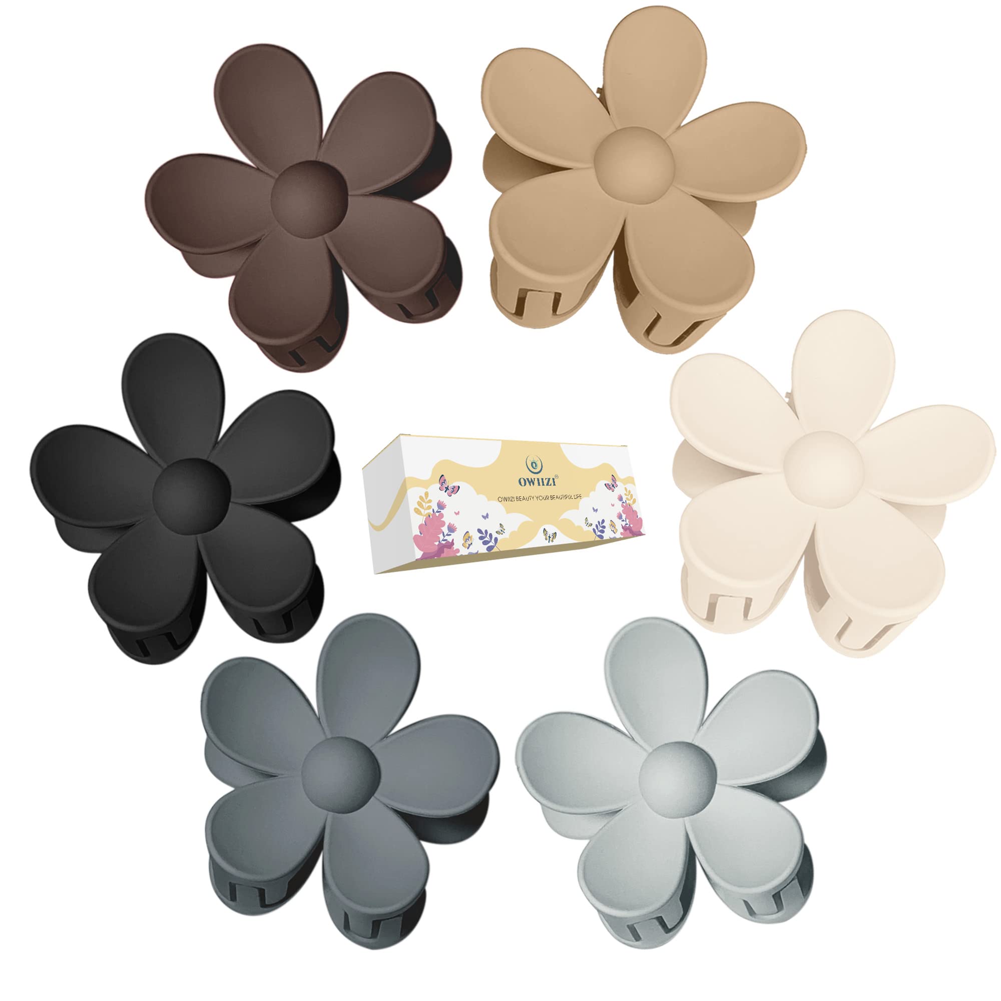 OWIIZI Jumbo Claw Clips for Thick Hair - 6PCS Large Strong Hold Hair Clips with Flower Design, Matte Finish in 6 Colors - Perfect for Women & Girls Hairstyles, Ponytails, Buns and Everyday Hair Accessories