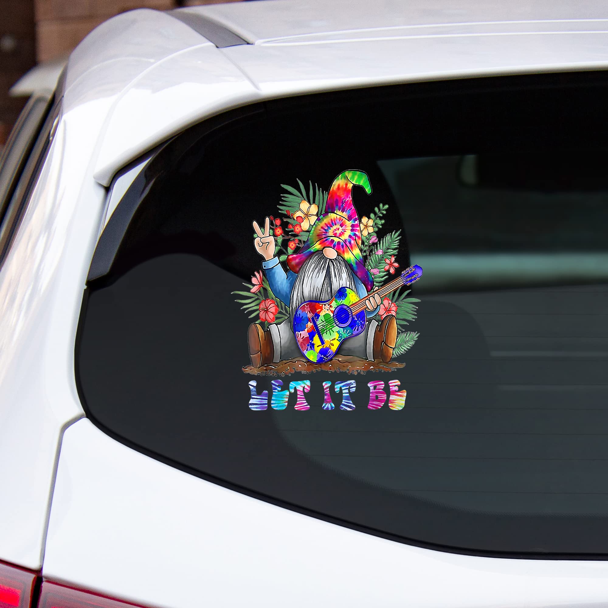 Onsra Tie Dye Gnome Playing Guitar Vinyl Transparent Car Decal - 8x12 Inches Hippie Window & Bumper Sticker - Perfect for Music Lovers, Hippie Souls & Car Decor