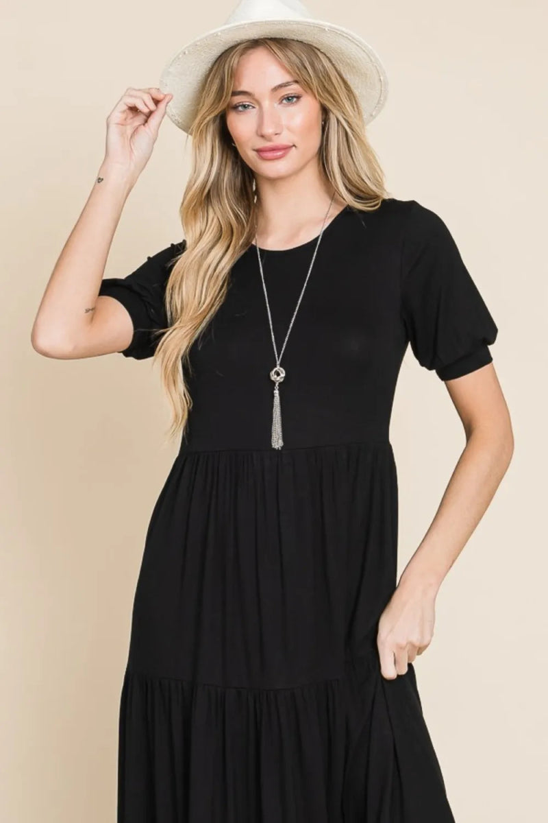 BOMBOM Women's Short Sleeve Tiered Maxi Dress - Flowy Summer Casual Dress with Elastic Waist for Beach, Vacation & Everyday Wear