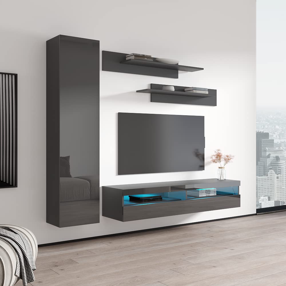 Modern Wall-Mounted TV Stand with Storage Shelves & LED Lights - Fly G 35 Entertainment Center Console for Living Room & Bedroom - Space-Saving Gray TV Cabinet (Perfect for Small Apartments & Home Theater Setups)
