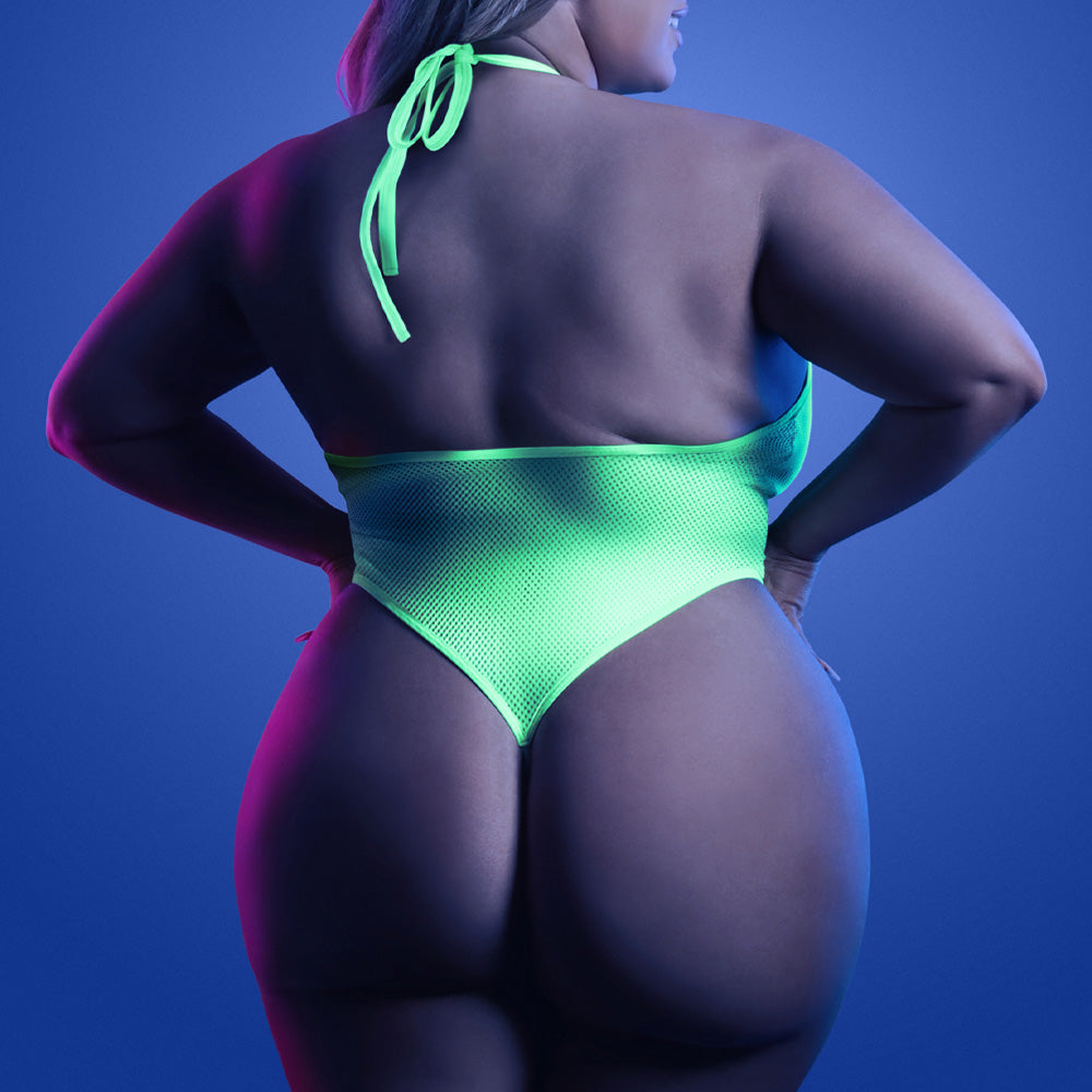 Fantasy Lingerie Glow in The Dark Halter Keyhole Thong Teddy for Women - Sexy Nightwear for Curvy Figures | Perfect for Date Night & Boudoir Photography