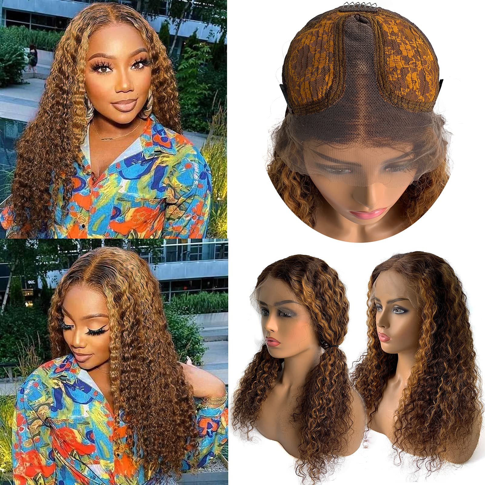 Ombre Highlight Human Hair Lace Front Wig - 14 Inch Deep Wave T-Part 13x1x5 Glueless Pre-Plucked Wig with Brown & Blonde Highlights - 150% Density Curly Lace Front Wig for Black Women - Perfect for Daily Wear, Parties & Special Occasions