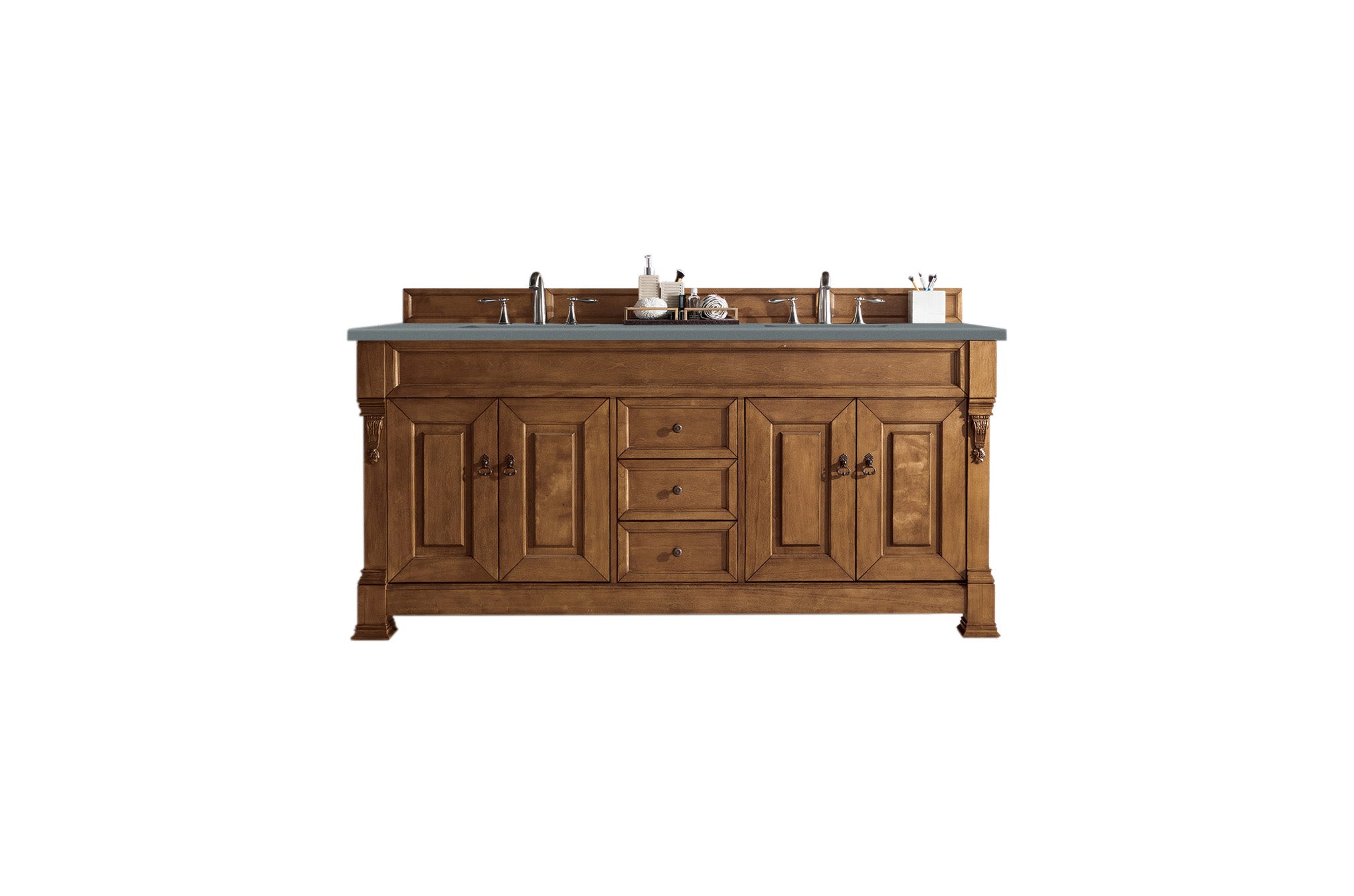 Brookfield 72-Inch Double Vanity with Country Oak Finish & 3CM Cala Blue Quartz Countertop - Perfect for Master Bathroom Renovation & Luxury Home Upgrade