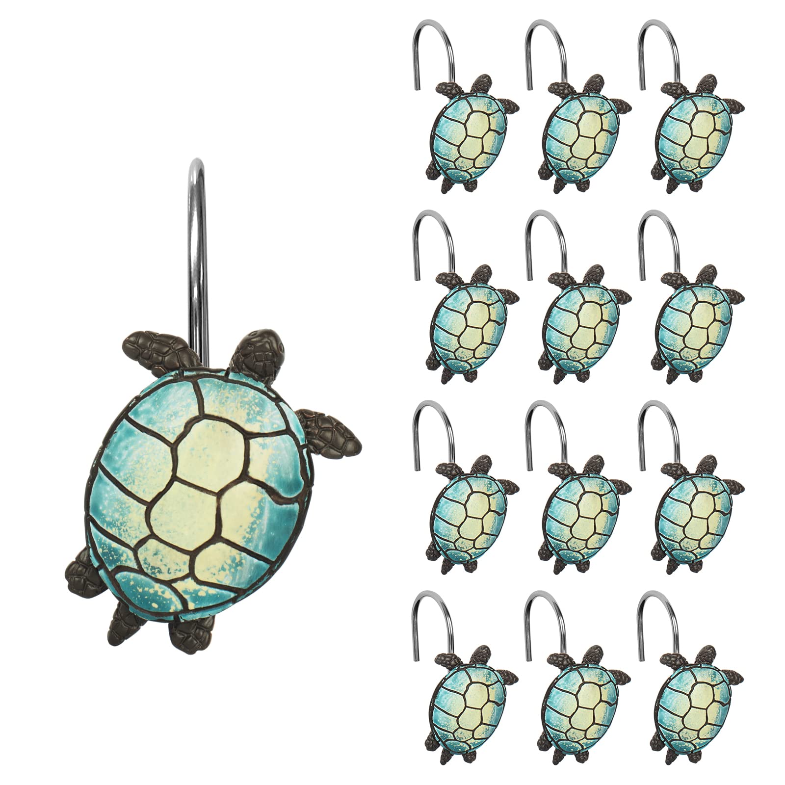 Sunlit Tilt Sea Turtle Shower Curtain Hooks - Set of 12 Ocean-Themed Resin Bathroom Accessories for Kids Room & Living Room Decor - Perfect for Beach Style Bathrooms & Coastal Home Decor
