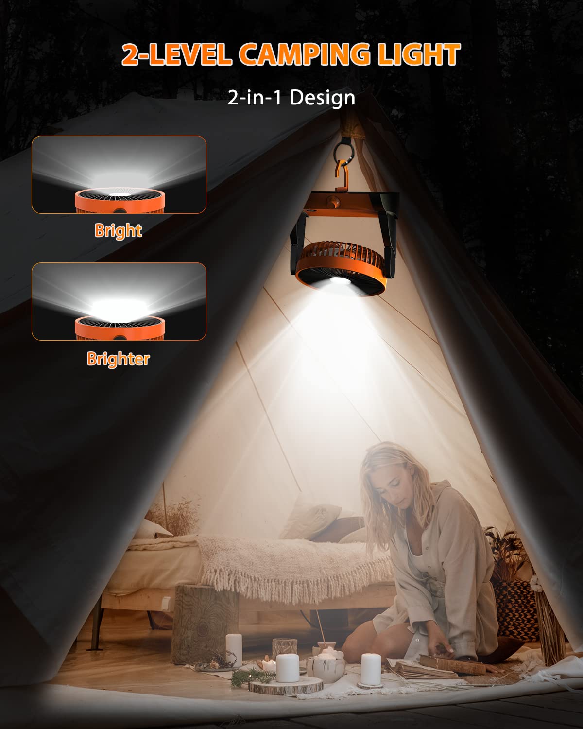 TriPole 10800mAh Portable Rechargeable Fan with LED Light & Hanging Hook - Battery Operated Tent Fan with Digital Display for Outdoor, Travel, Camping, RV, Car, Office & Home Use