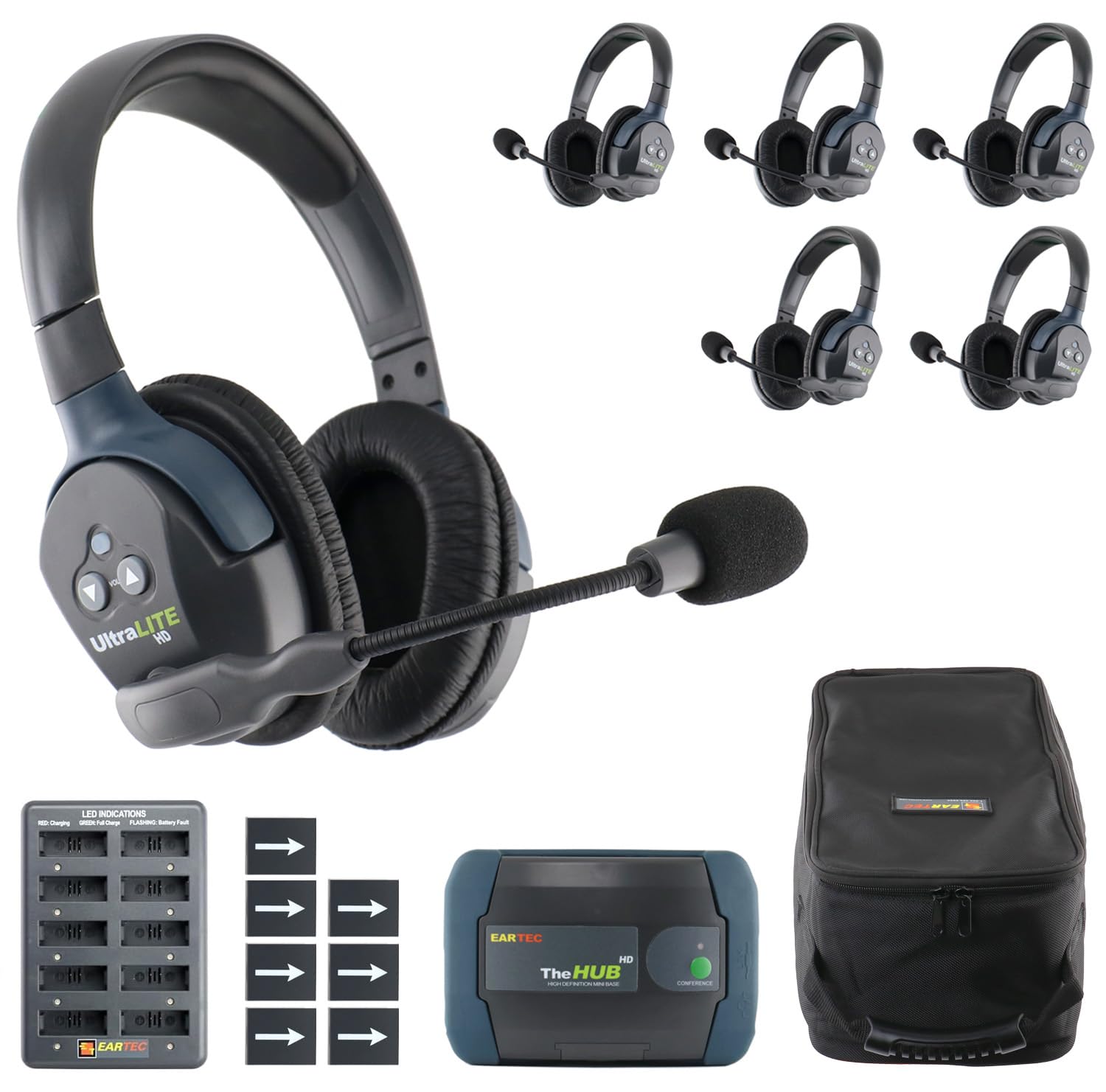 Eartec HUB6D Ultralite-HD 6-Person Full Duplex Wireless Intercom Headset System - Dual Ear Headsets, 1000ft Range, US Company - Perfect for Construction, Warehouses & Outdoor Team Communication