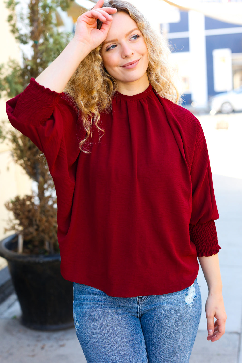 Bold Dreams Wine Smocked Three Quarter Sleeve Tie Back Top - Elegant Women's Blouse for Date Night, Cocktail Parties & Summer Outings
