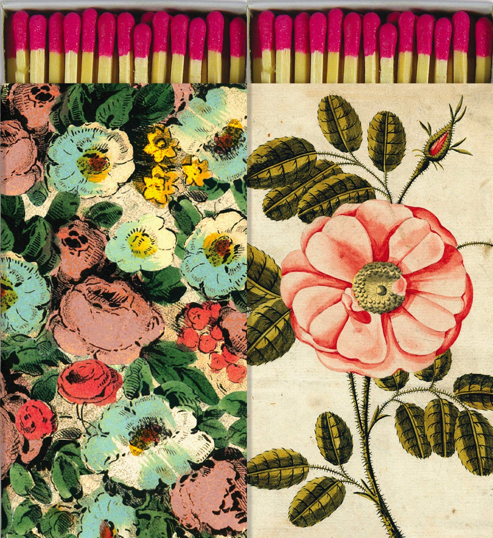 Decorative Floral Collage Match Boxes with Long Kitchen Matches - Set of 2 Large Matchboxes for Lighting Candles, Fireplaces, Grills & More | Perfect for Home Decor, Weddings & Romantic Ambiance
