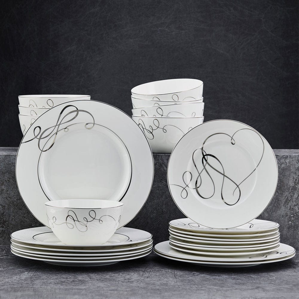 Love Story 24-Piece Dinnerware Set - Service for 8 People | Elegant Porcelain Dinner Plates, Salad Plates, Bowls & Mugs | Perfect for Family Dinners, Holiday Entertaining & Wedding Registries