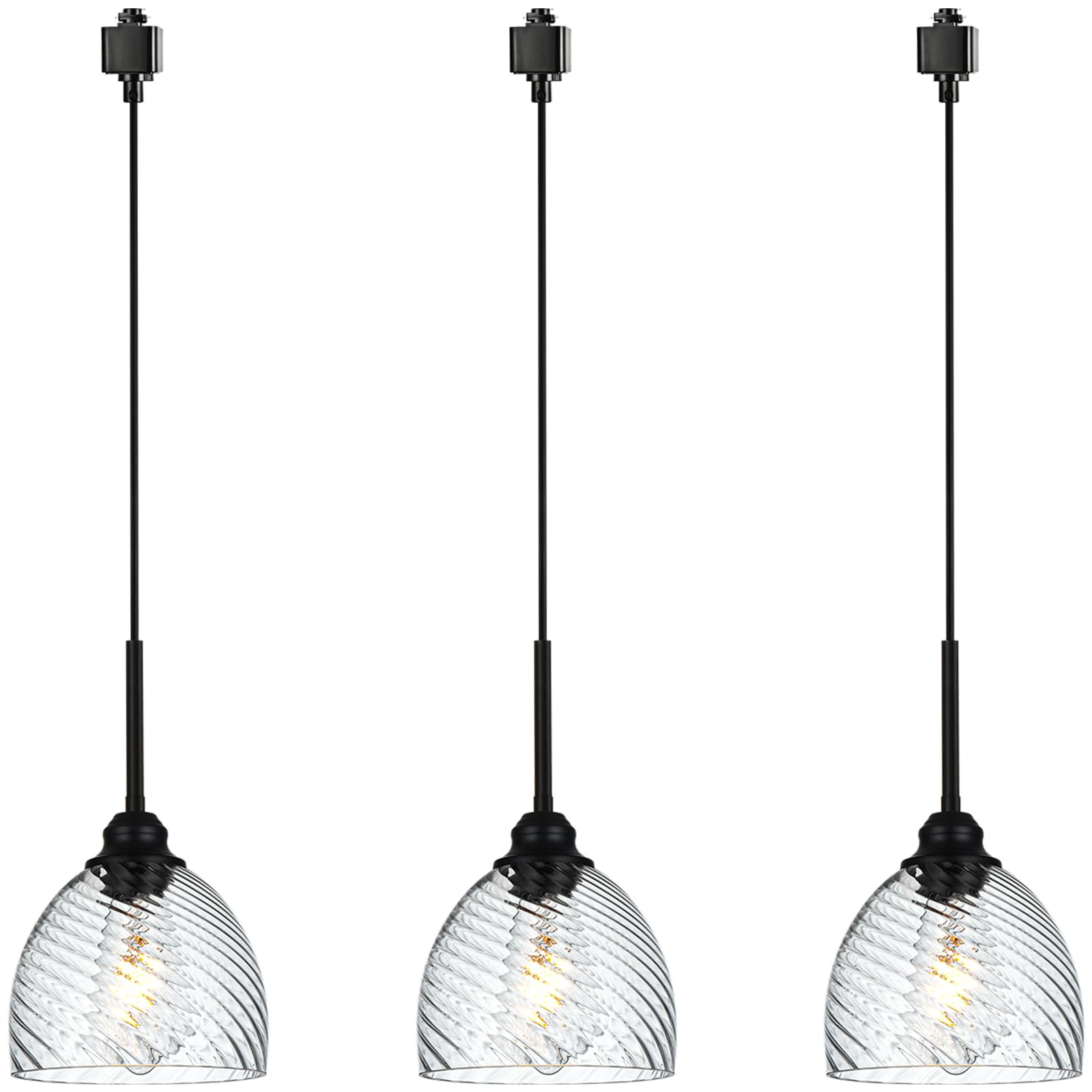 3-Pack Black Modern H Track Pendant Lights with Clear Ribbed Glass Shades - Adjustable Track Lighting Fixtures for Bedroom, Kitchen, Dining Room & Retail Shop | Dimmable LED Compatible